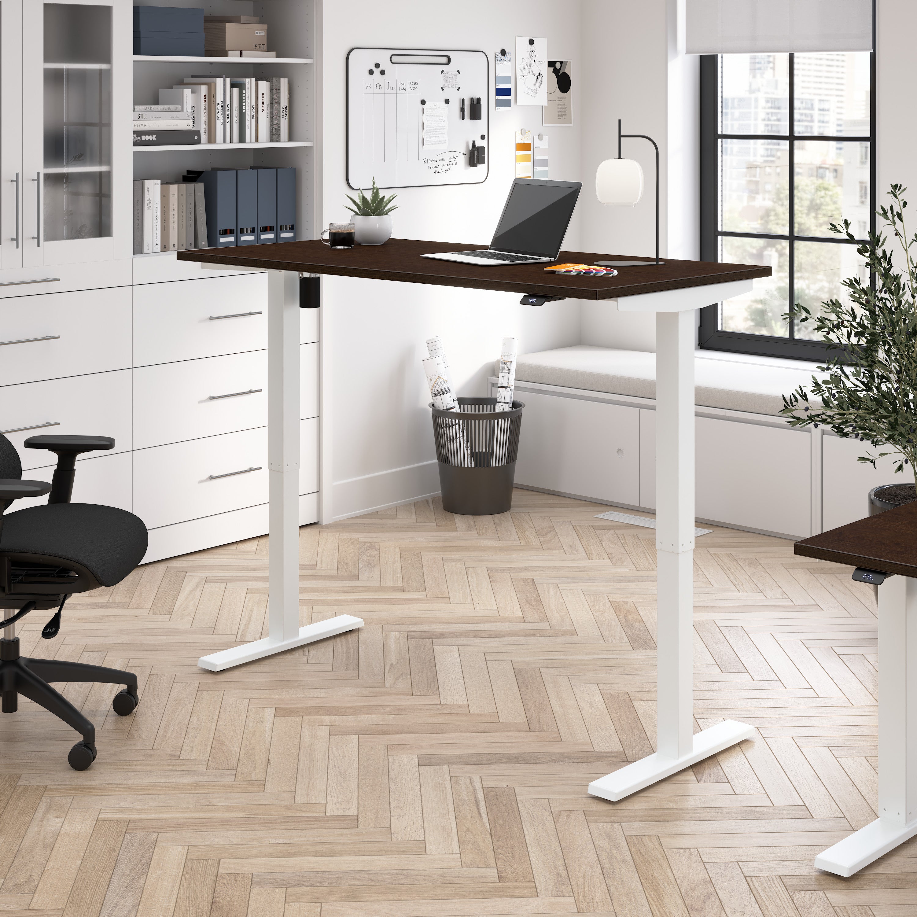 Bush Business Furniture Move 40 Series 60W x 30D Electric Height Adjustable Standing Desk in Mocha Cherry with White Base - 59.45" Width x 29.37" Depth x 28.17" Height
