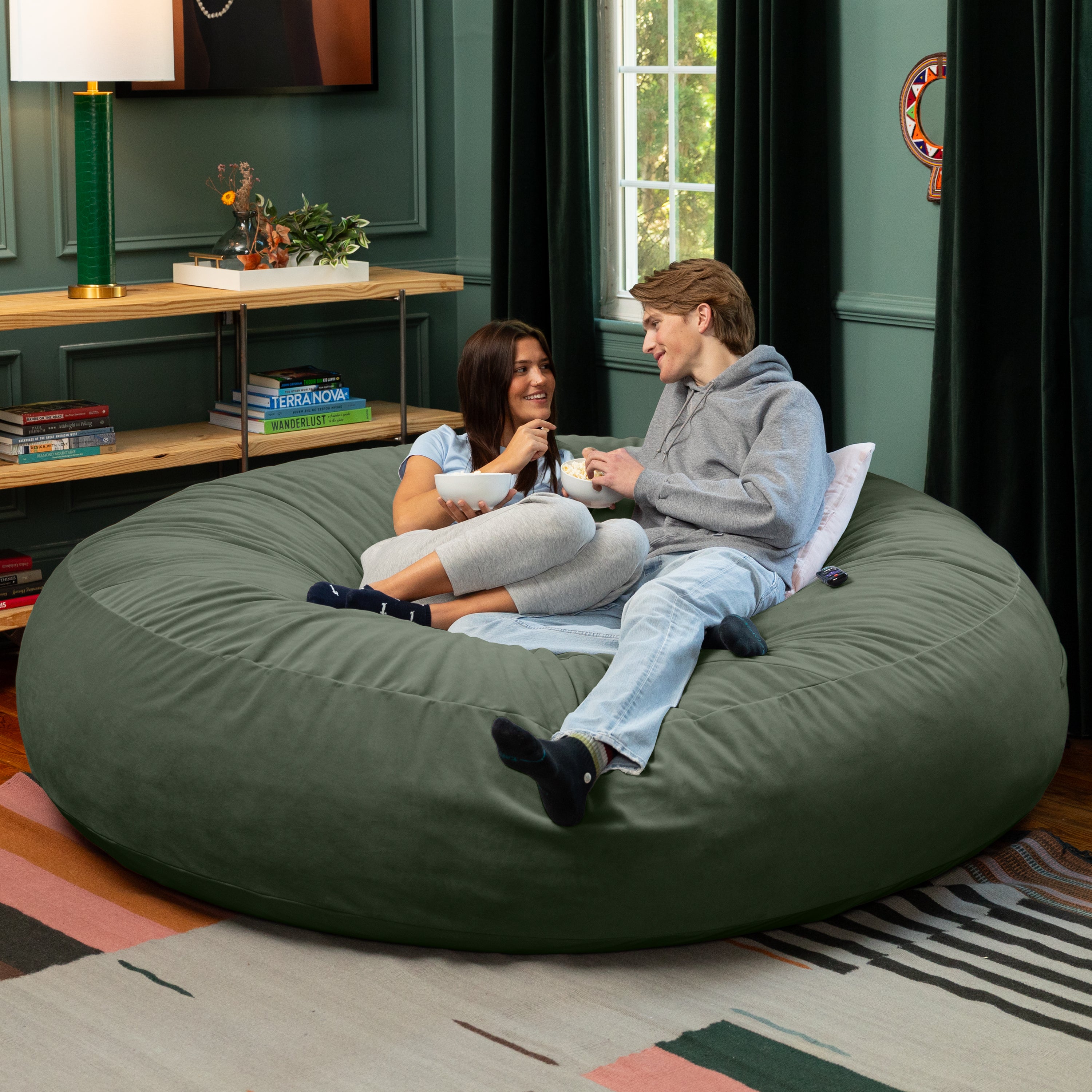 Jaxx 7 Foot Cocoon - 2-in-1 Convertible Bean Bag Bed & Large Bean Bag Chair for Adults, Lush Velvet Green