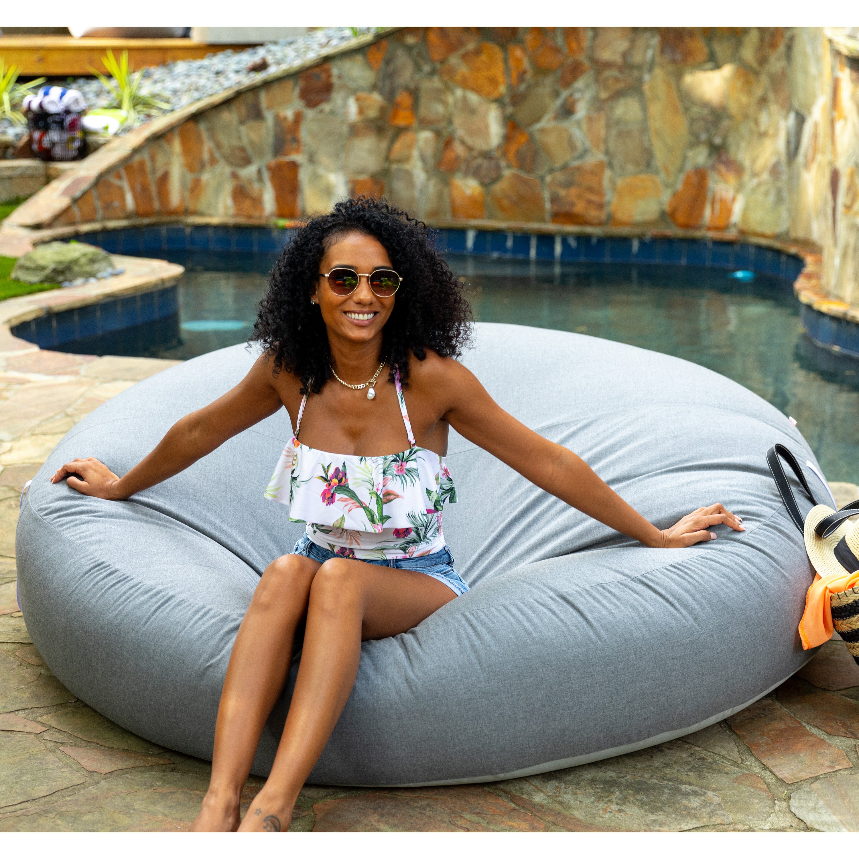 Coza Cocoon Sun Bed - Giant Outdoor Round Lounge for Resort Style & Beachfront Relaxation - Sunbrella, Granite