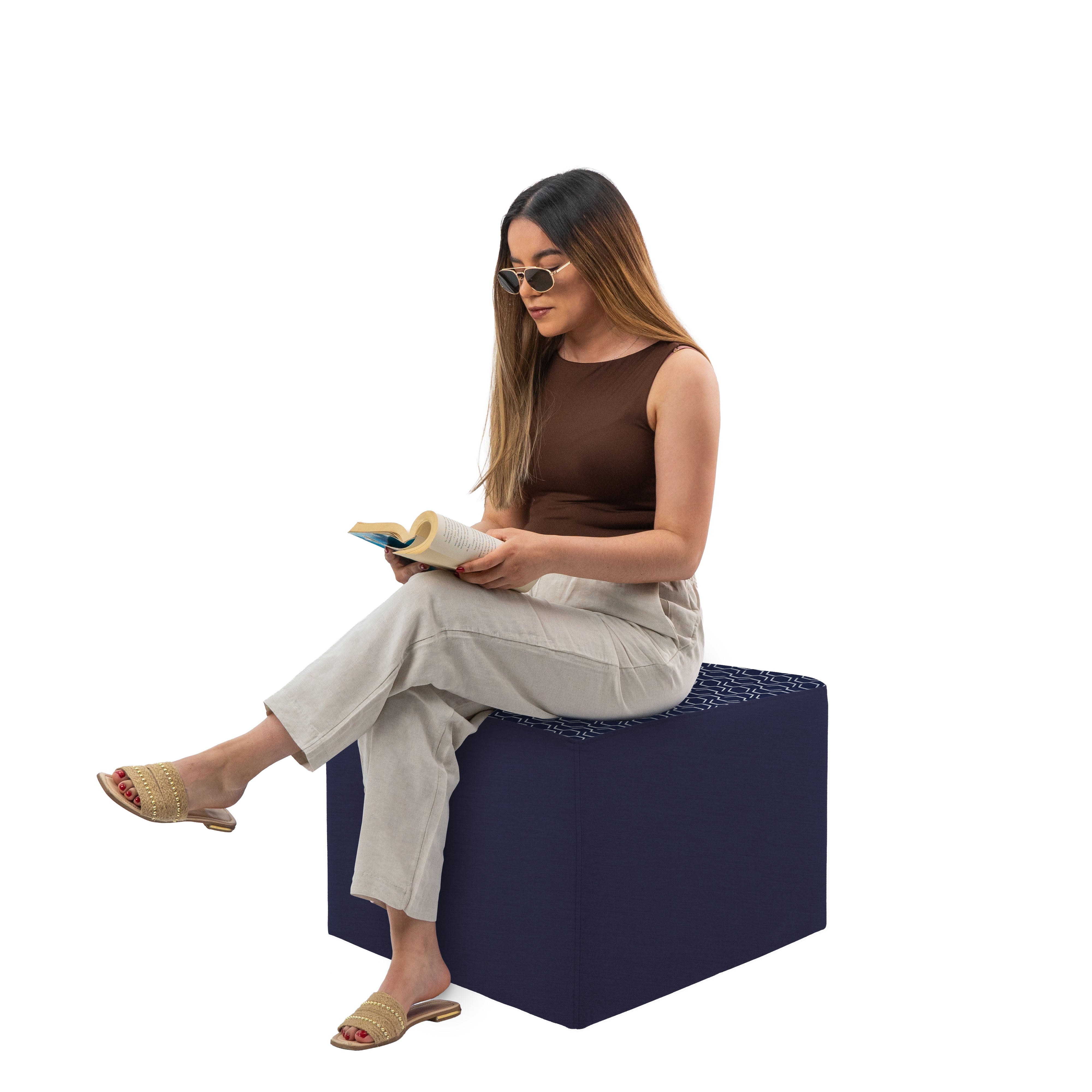 Outdoor 24" Square Ottoman with Sunbrella, 18" H - Adaptation Indigo/Canvas Navy