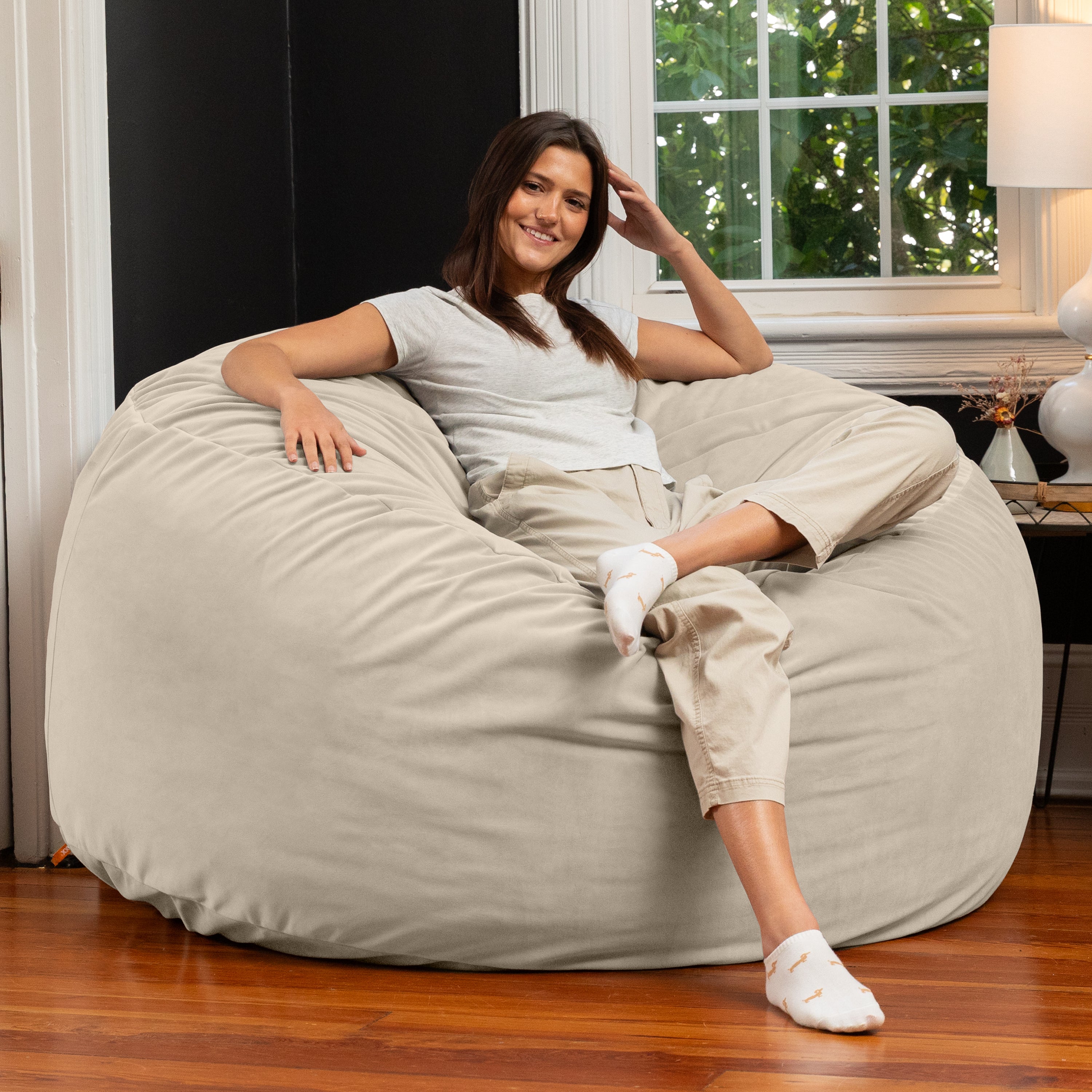 Jaxx 5 Foot Saxx - Large Round Bean Bag Chair for Adults - Lush Velvet Ivory
