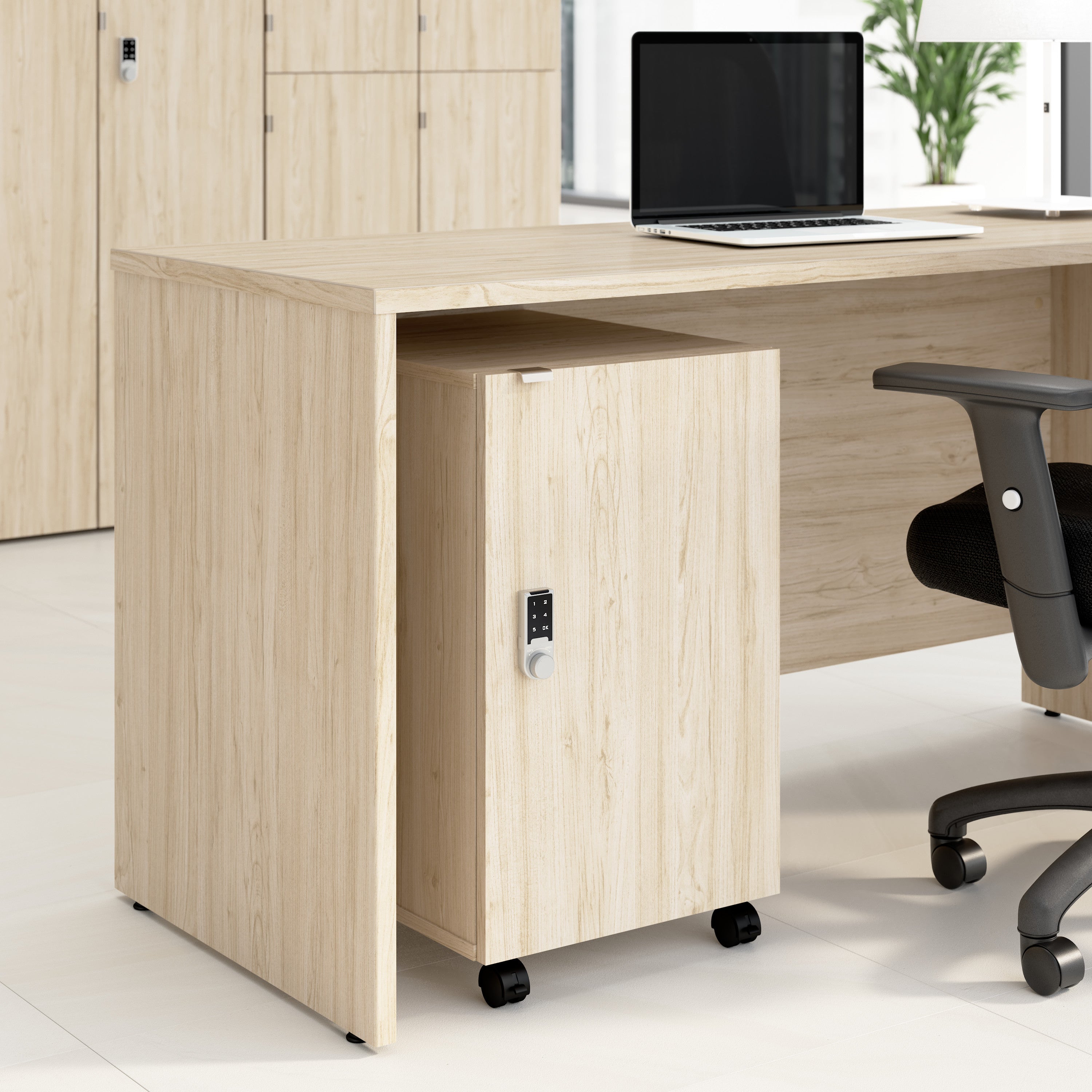 Bush Business Furniture Assure Mobile File Cabinet with Drawer, Door, and Keypad Lock in Natural Elm - 15.65" Width x 20.24" Depth x 25.91" Height