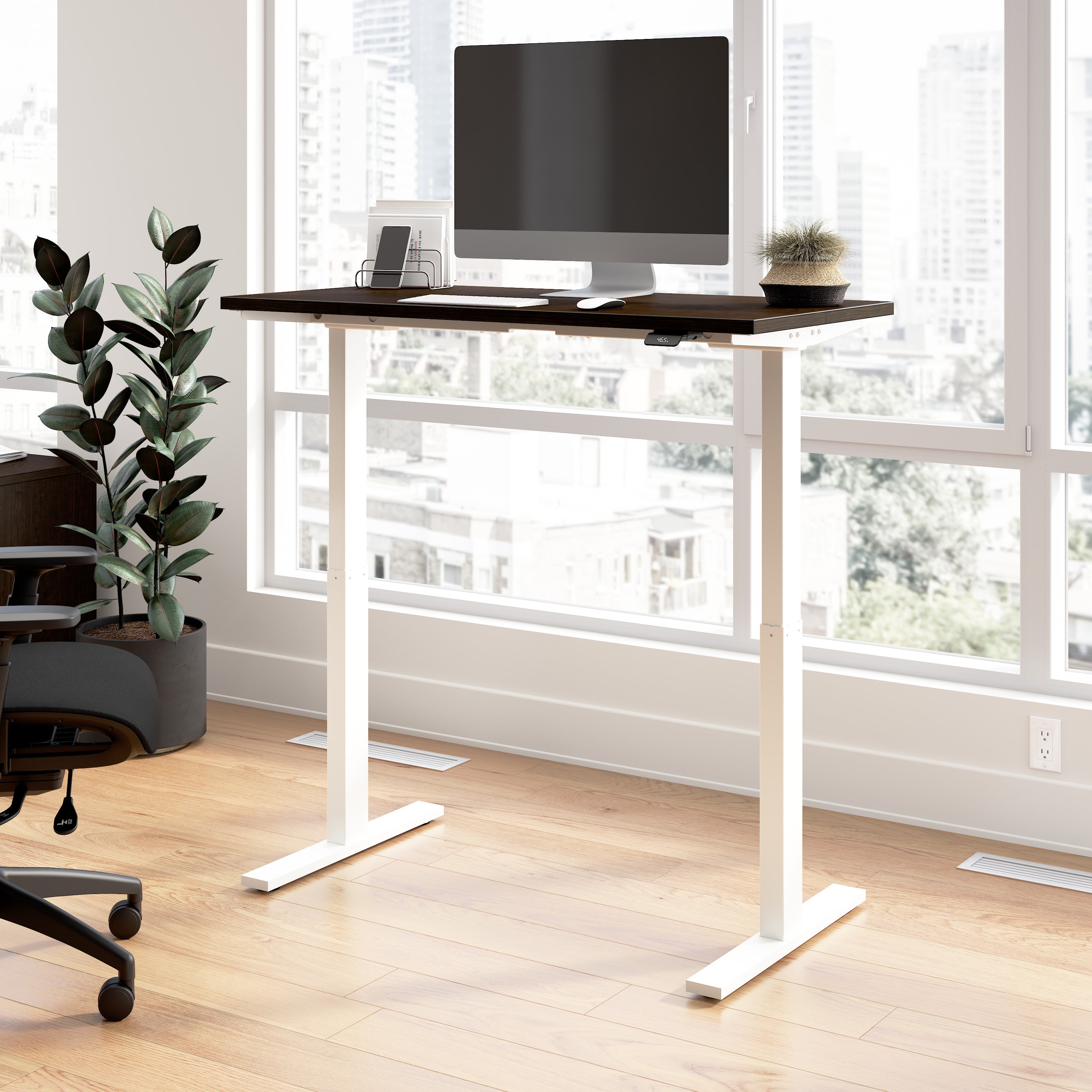 Bush Business Furniture Move 60 Series 48W x 24D Electric Height Adjustable Standing Desk in Mocha Cherry with White Base - 47.6" Width x 23.62" Depth x 27.44" Height