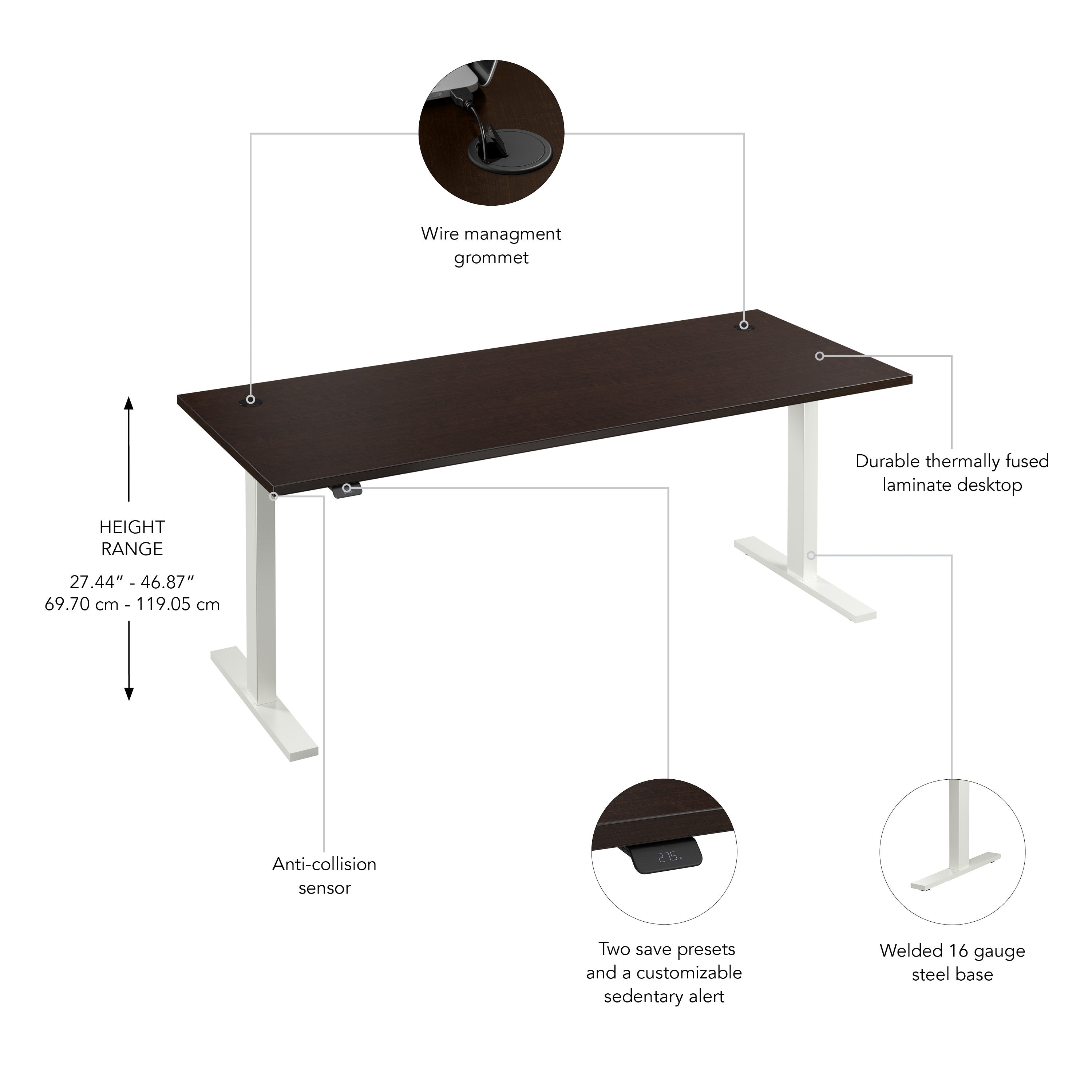 Bush Business Furniture Move 60 Series 72W x 30D Electric Height Adjustable Standing Desk in Mocha Cherry with White Base - 71.02" Width x 29.37" Depth x 27.44" Height