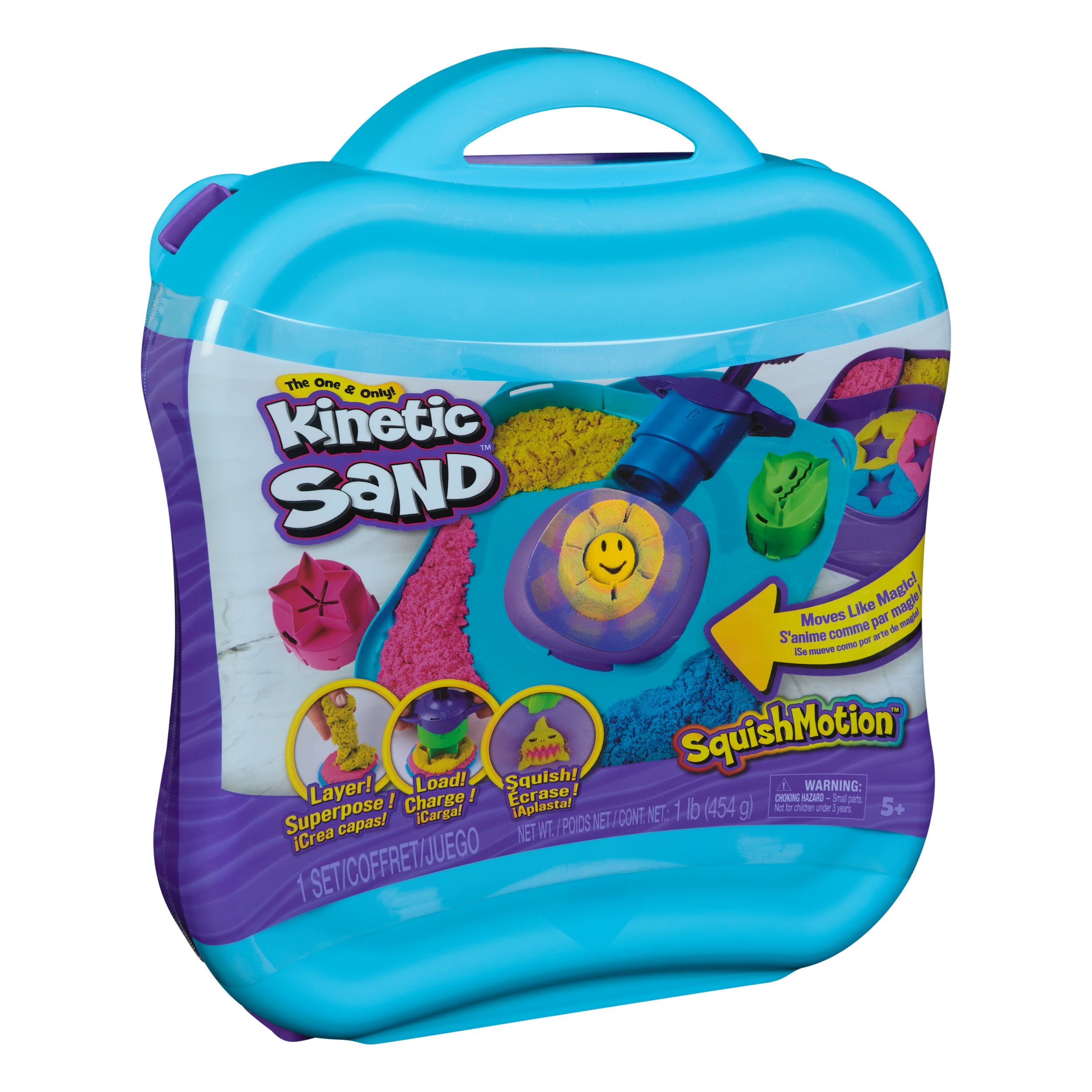 Kinetic Sand, SquishMotion with 1lb Pink, Yellow & Blue Play Sand, Stamper & 5 Tools, Storage Case, Sensory Toys for Kids Ages 5 and up