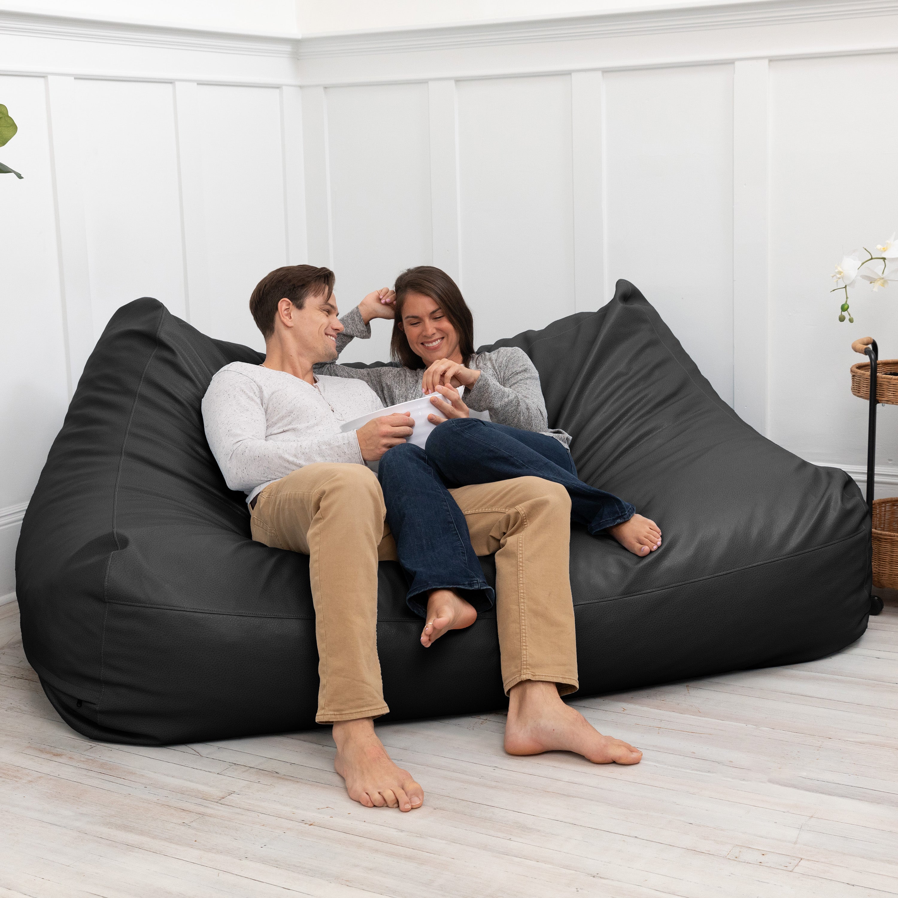 Atrium Collection Lozia Loveseat - Large Foam Bean Bag Sofa for Home Theaters, Offices, Schools, Reception & Waiting Rooms - Faux-Leather - Black