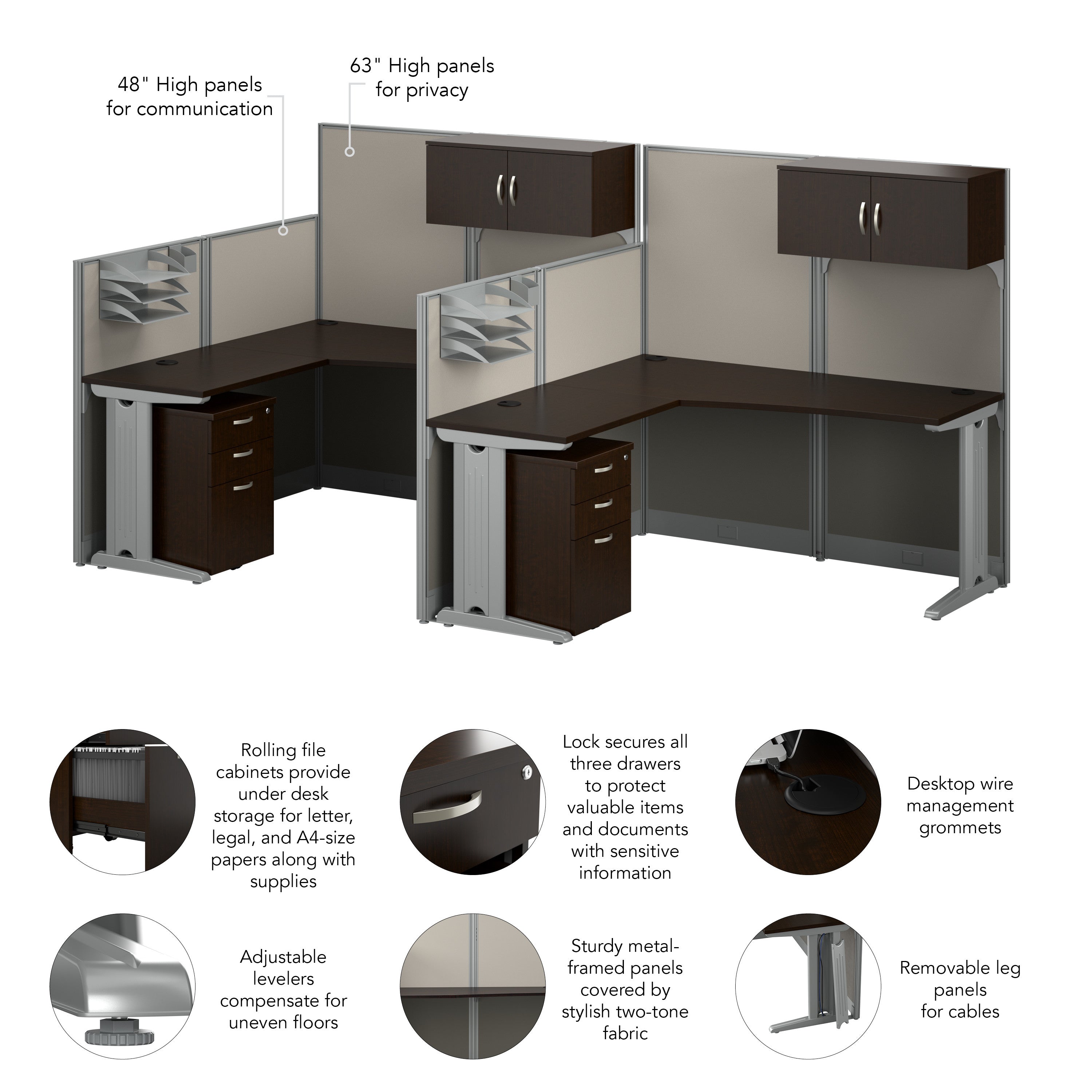Bush Business Furniture Office in an Hour 2 Person L Shaped Cubicle Desks with Storage, Drawers, and Organizers in Mocha Cherry - 128.98" Width x 64.49" Depth x 62.87" Height