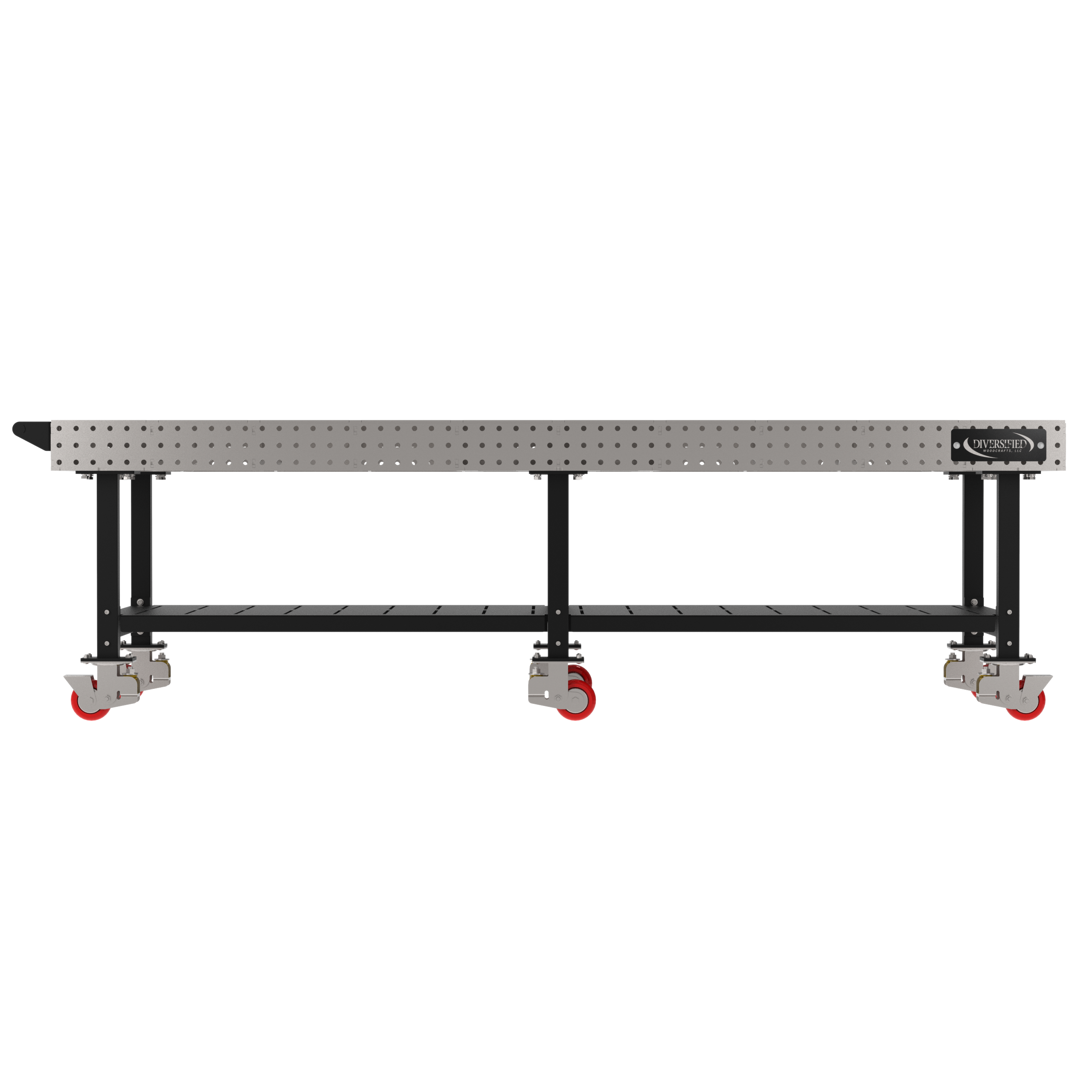 Welding Fixture Table, Fixed Height, 36"H x 120"L x 48"D, 1/4" Carbon Steel Top, Six Black Powdercoat Legs, Shelf, Handle, 6 Heavy Duty Suspension Casters (4 Locking/Swiveling Casters and 2 Non-Locking/Non-SwivelingCasters)