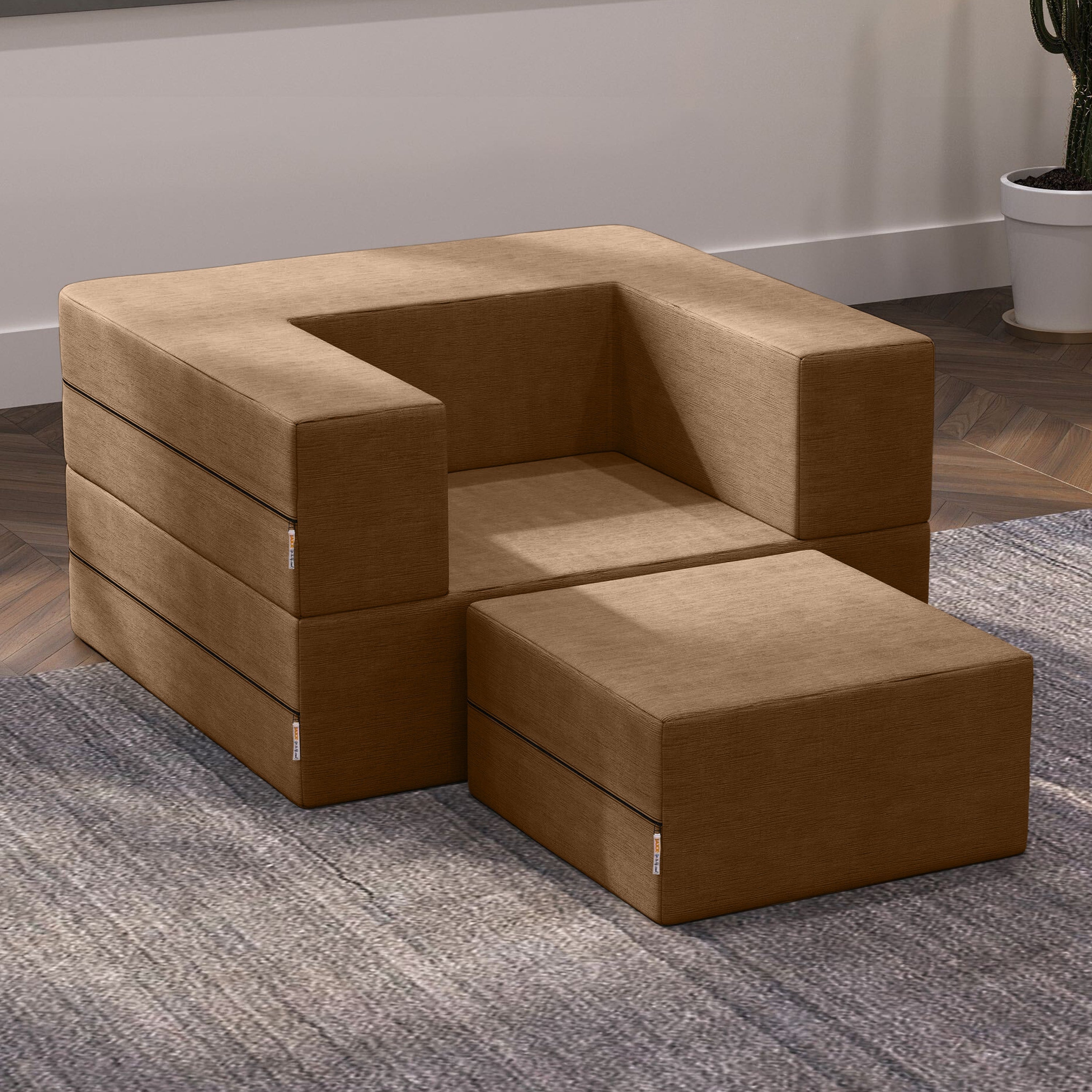 Jaxx Zipline Convertible Sleeper Futon Chair & Ottoman with Machine-Washable Cover, Toffee