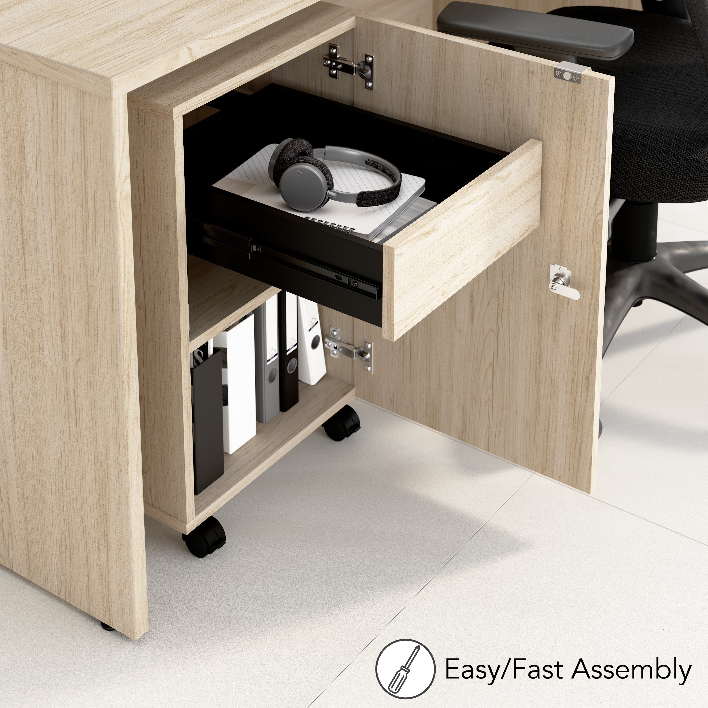 Bush Business Furniture Assure Mobile File Cabinet with Drawer, Door, and Keypad Lock in Natural Elm - 15.65" Width x 20.24" Depth x 25.91" Height