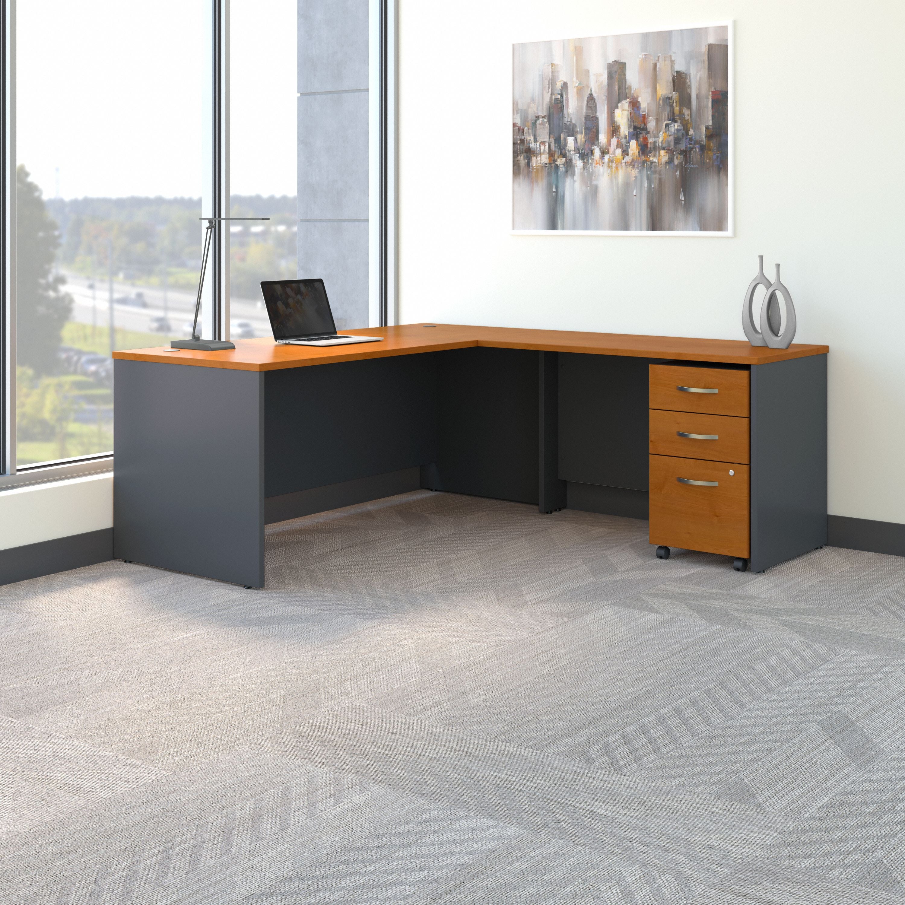 Bush Business Furniture Series C 72W L Shaped Desk with 48W Return and Mobile File Cabinet in Natural Cherry - 71.02" Width x 77.05" Depth x 29.8" Height
