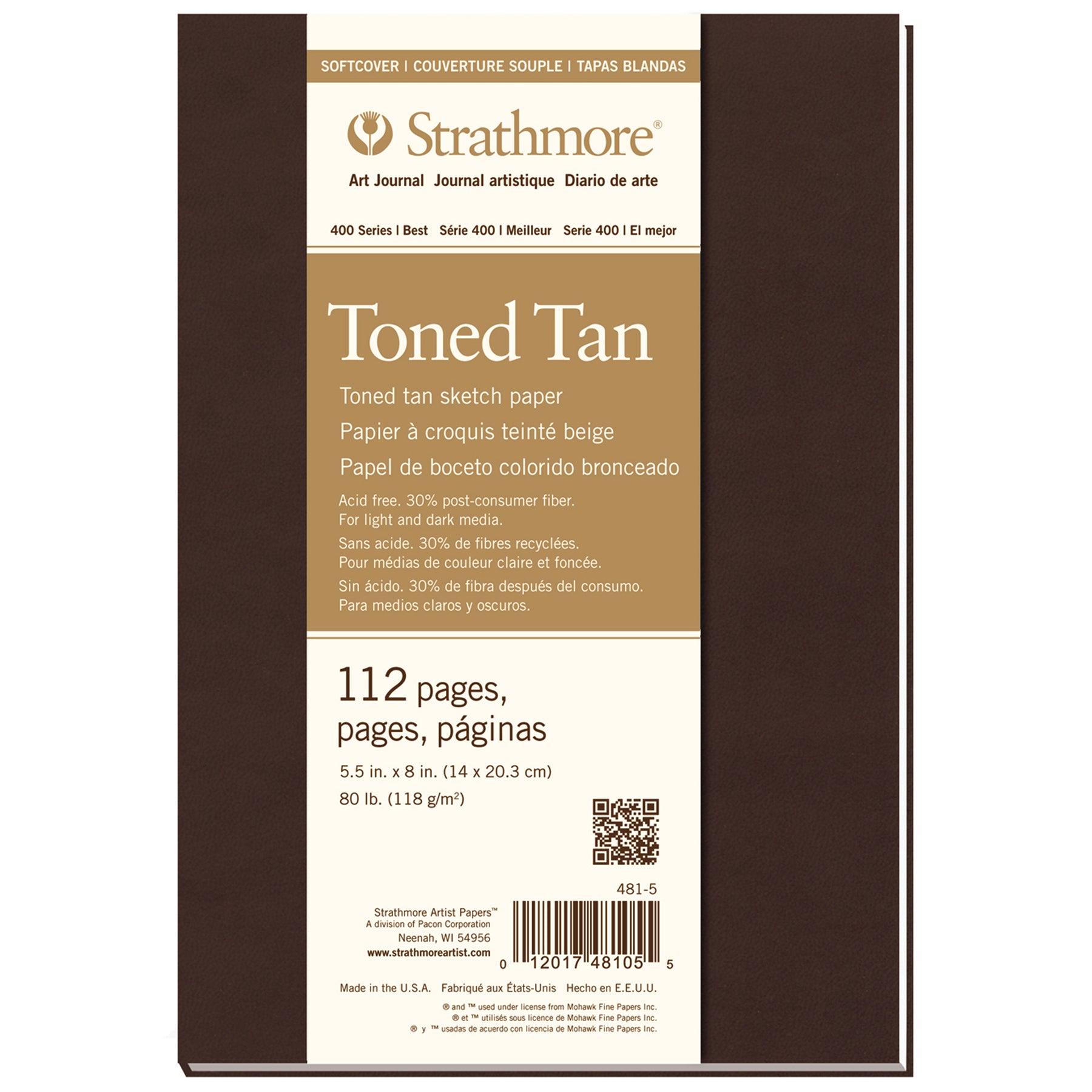 400 Series Art Journal Sketch Paper, Toned Tan, Soft Cover Binding, 112 Page/56 Sheet, 5.5x8 inch, 1 Count