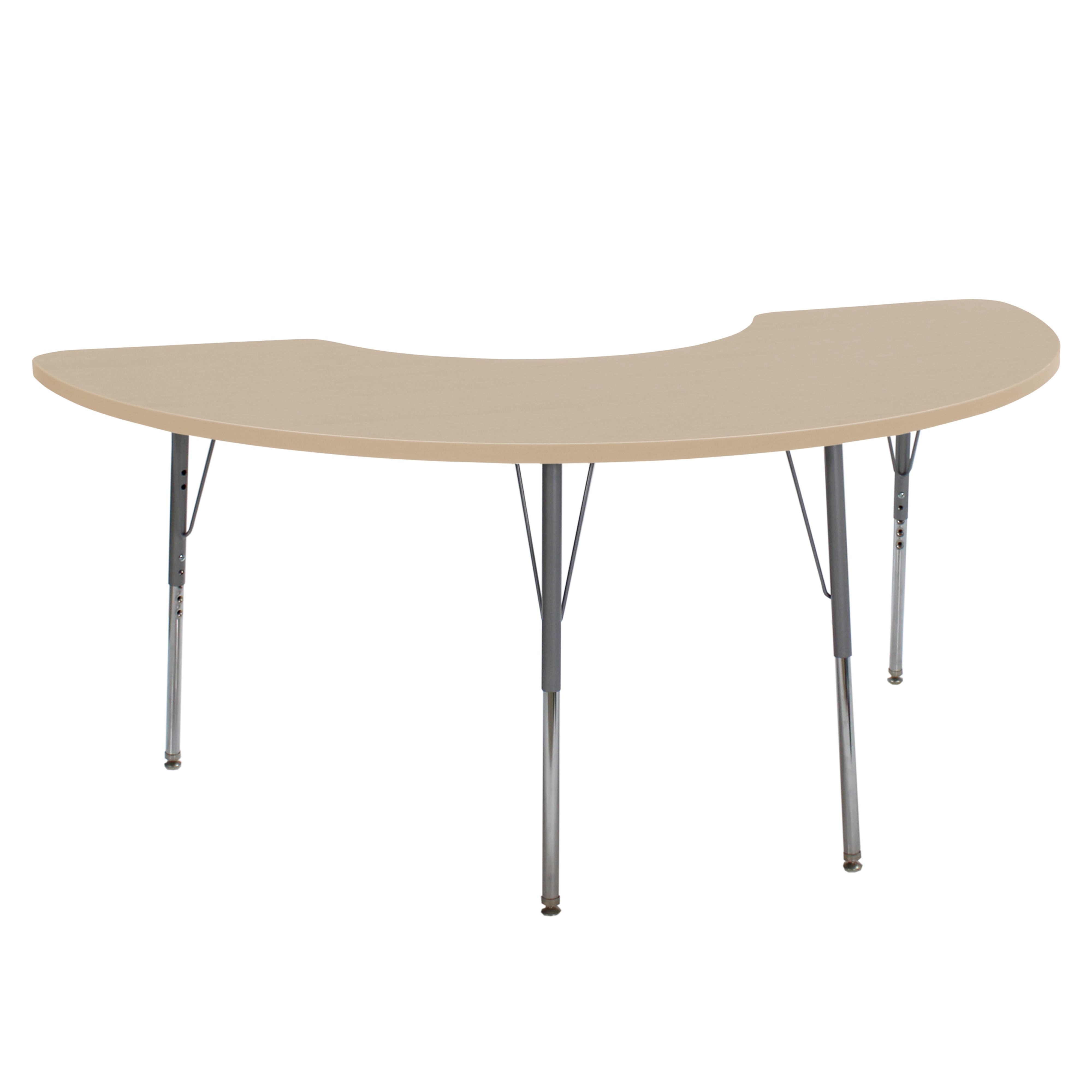 36" x 72" Half Moon La Madera Activity Table with Standard Legs - Maple Grain/Silver