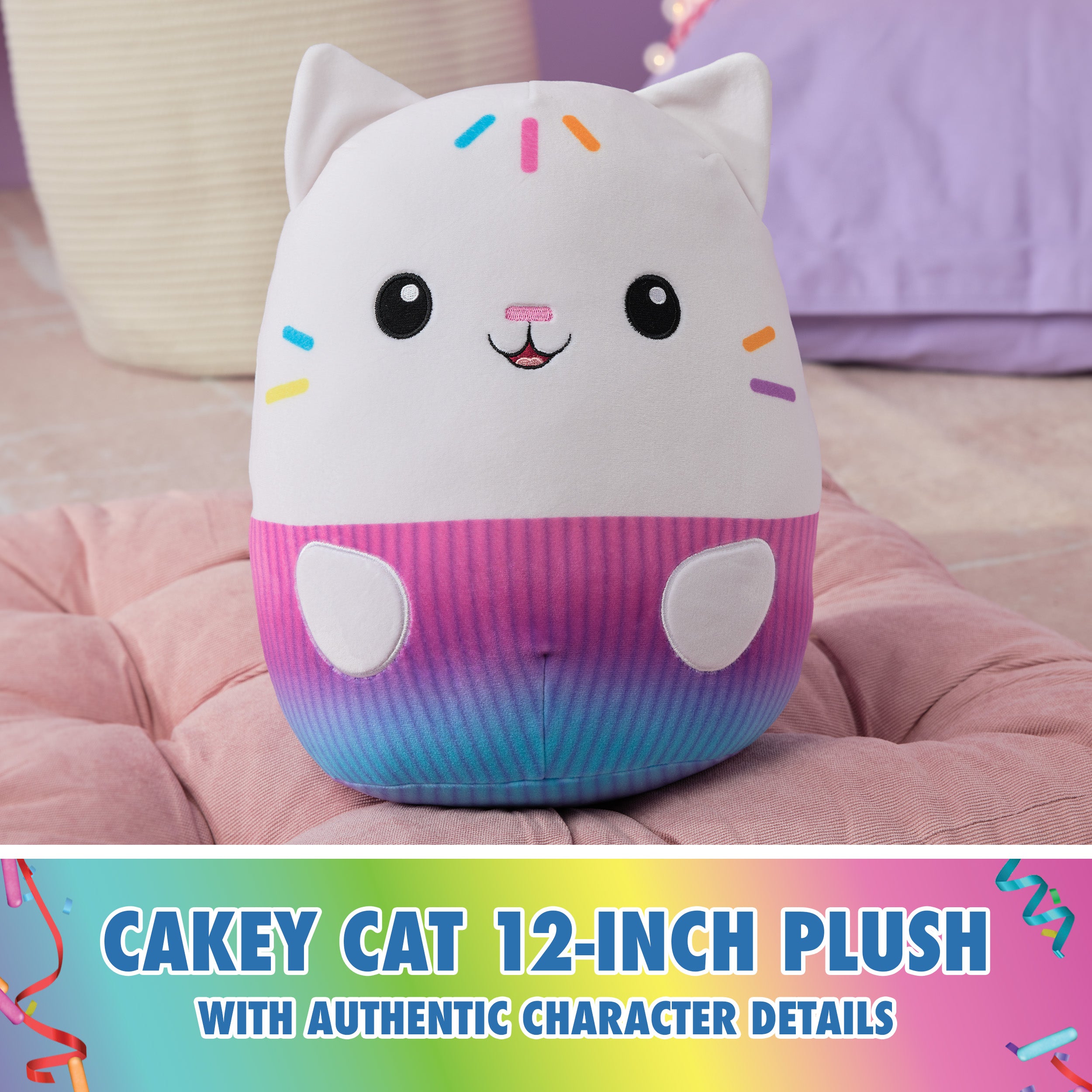 Gabby’s Dollhouse Official Cakey Cat Squishy Plush Toy, Cat Stuffed Animal, Squishy Toys for Ages 1 & Up, White, 12”