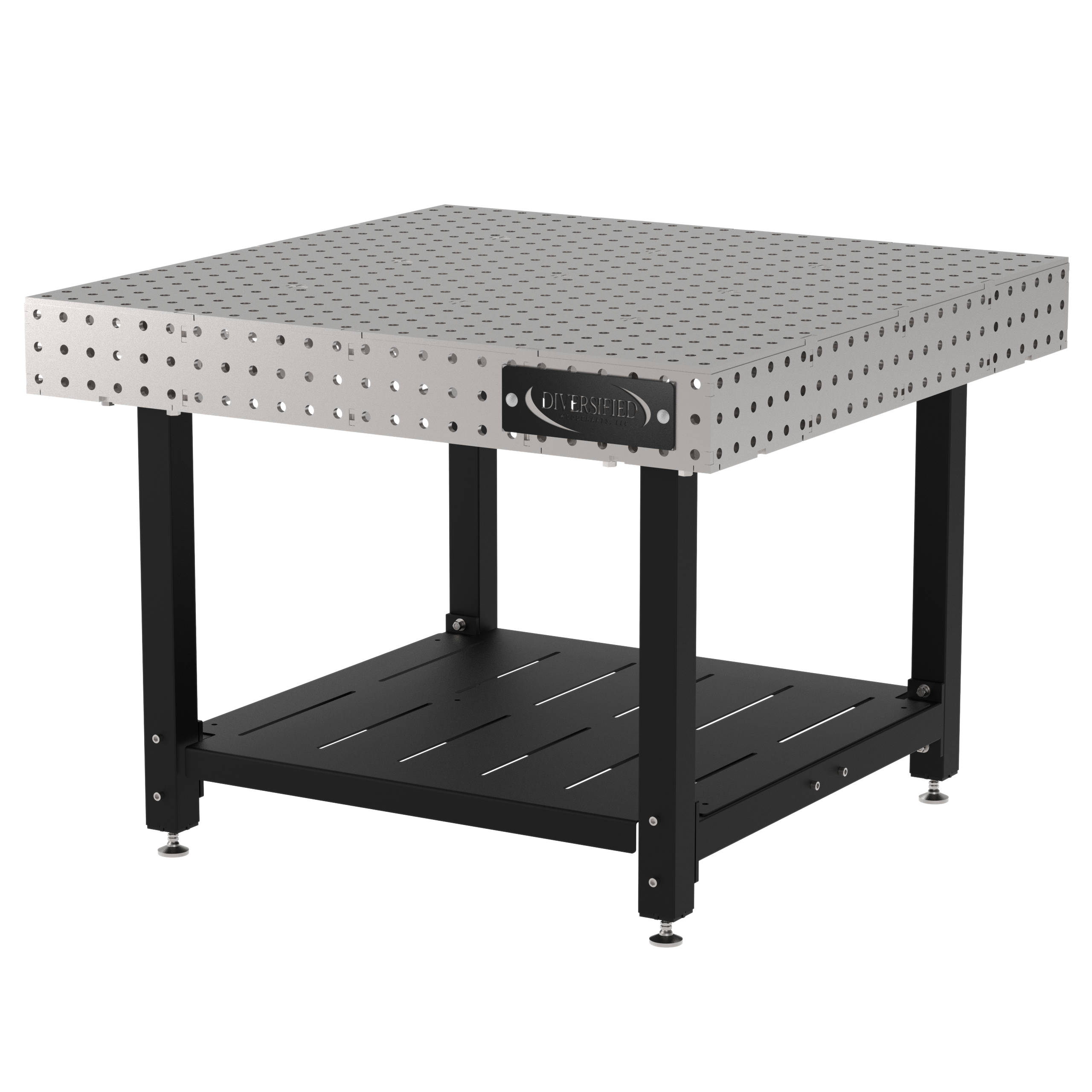 Welding Fixture Table, Fixed Height, 36"H x 48"L x 48"D, 1/4" Carbon Steel Top, Four Black Powdercoat Legs, Shelf, Self-Leveling Feet