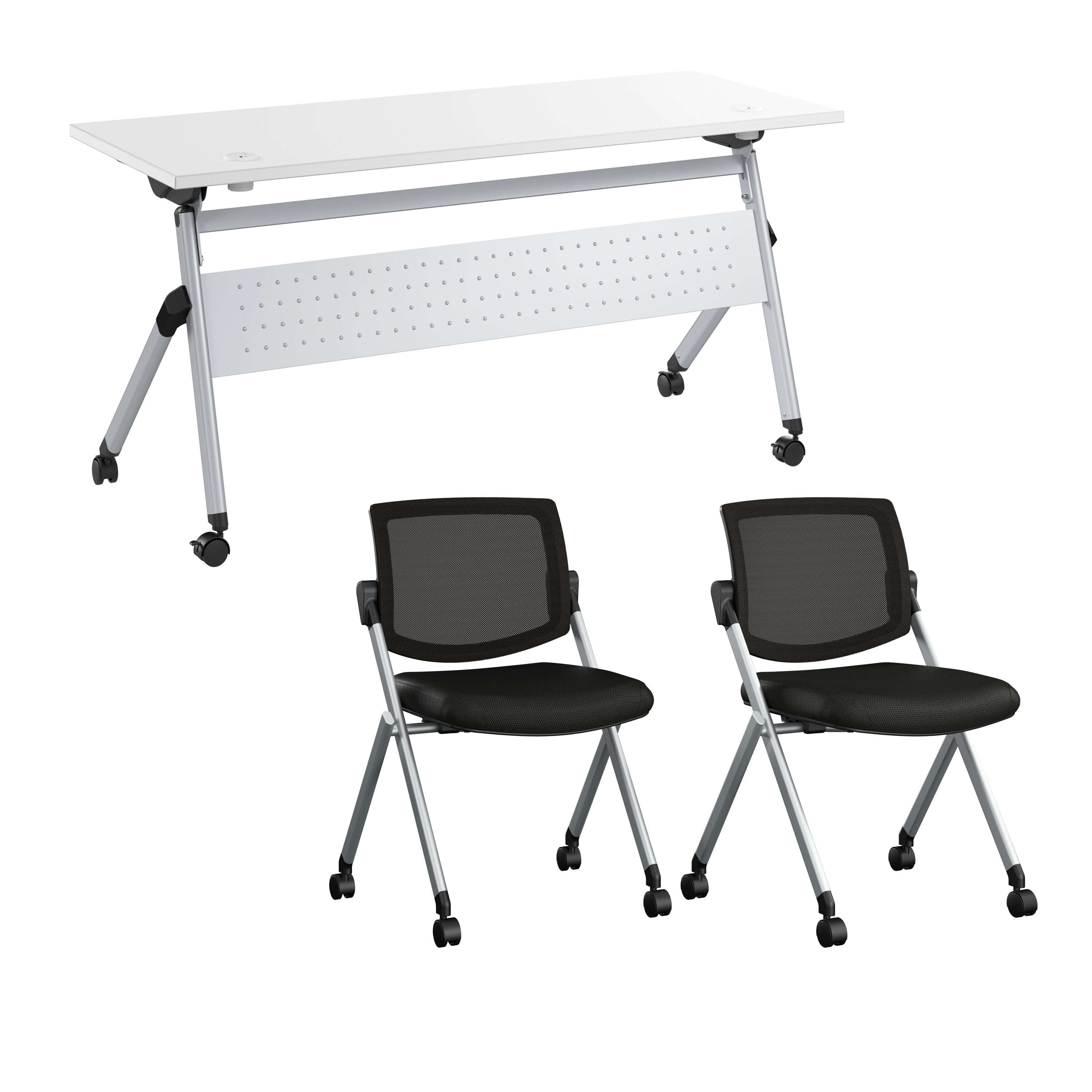 Bush Business Furniture Envision 60W Folding Training Table with Powered Grommets and 2 Chairs in White - 59.45" Width x 23.54" Depth x 32.87" Height