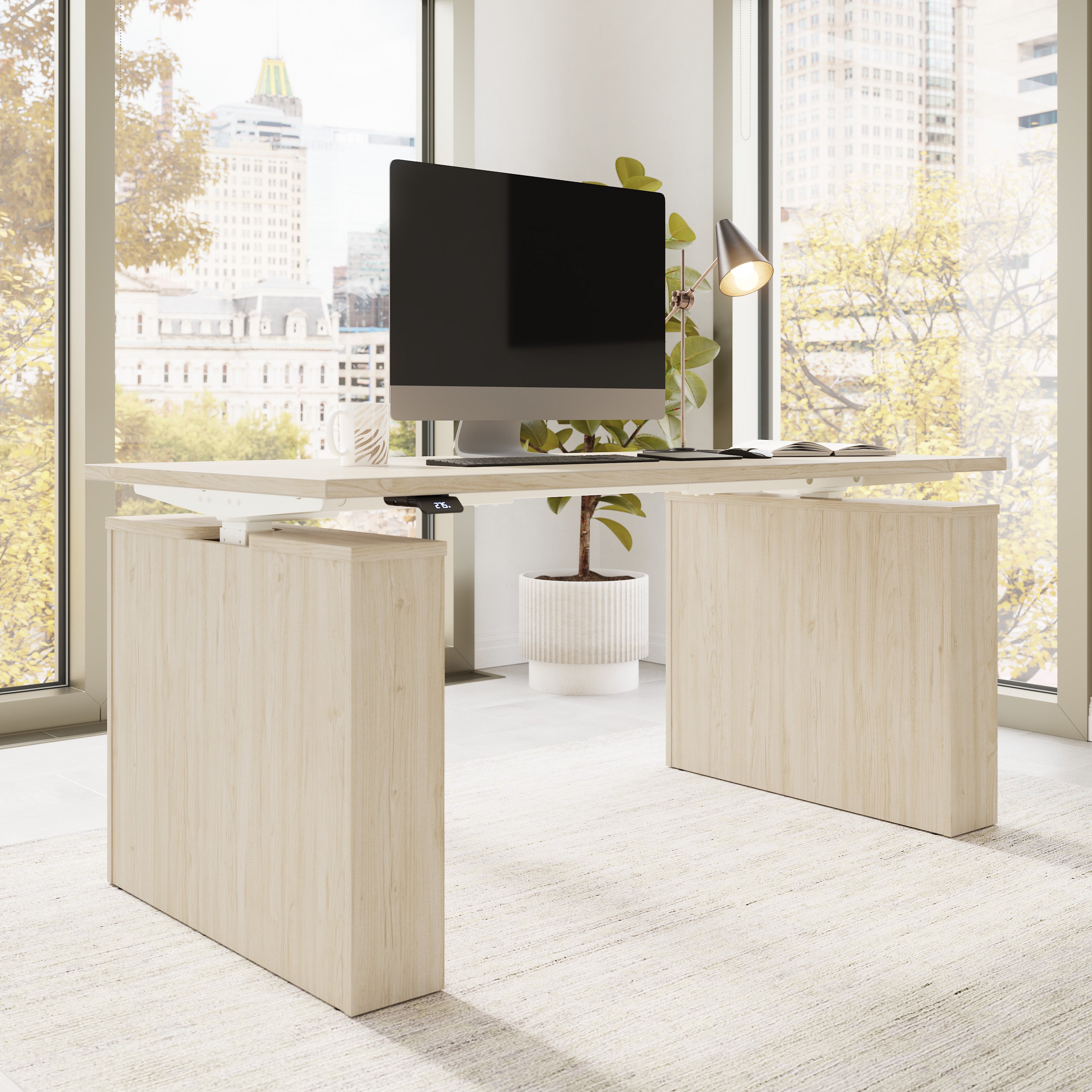 Bush Business Furniture Stratus&nbsp;60W x&nbsp;30D Electric Height Adjustable Standing Desk in Natural Elm with White Base - 59.45" Width x 29.37" Depth x 27.44" Height