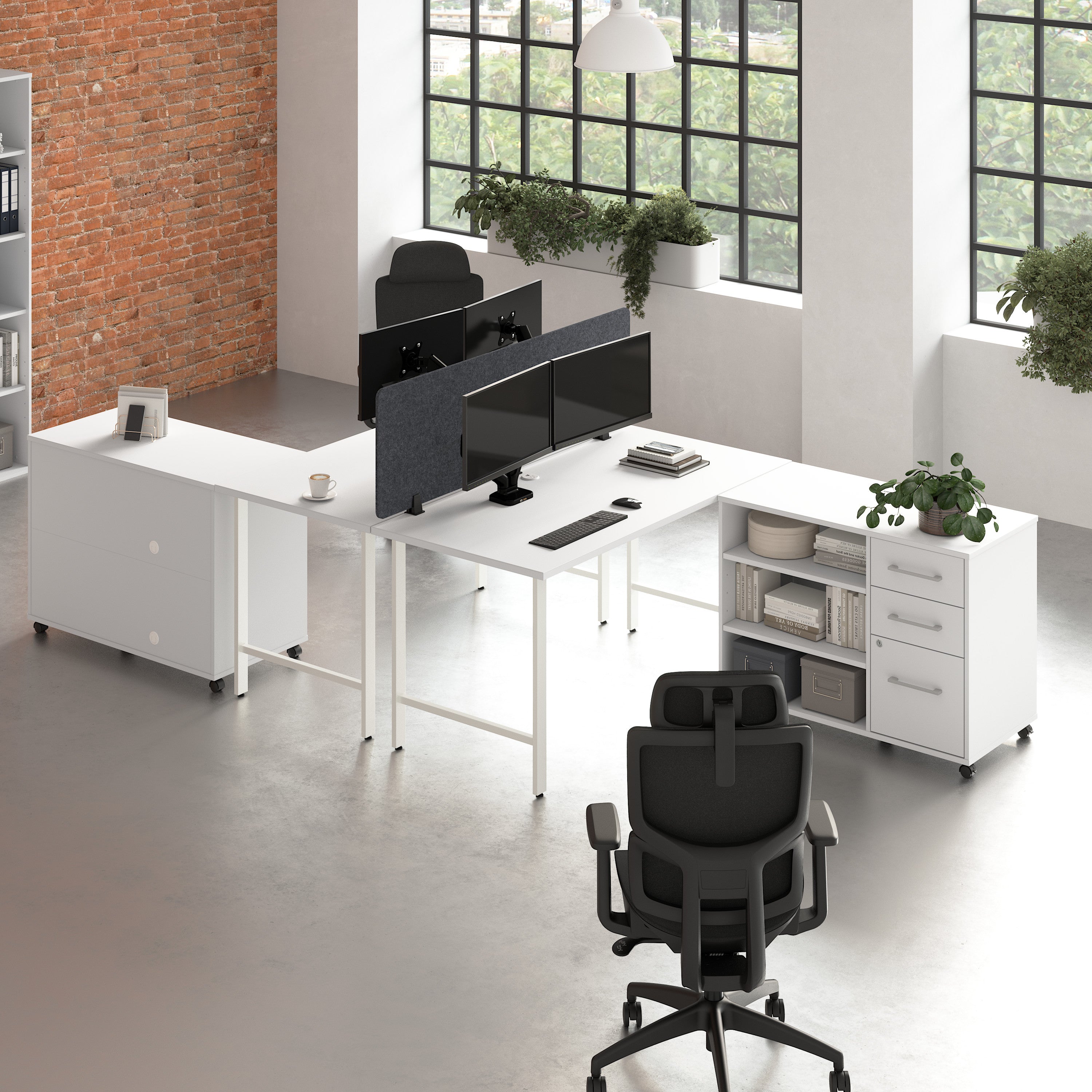 Bush Business Furniture Hustle 2 Person Computer Desk with Mobile Storage Cabinets, Power Grommets, and Privacy Screen in White - 59.44" Width x 29.37" Depth x 30.07" Height
