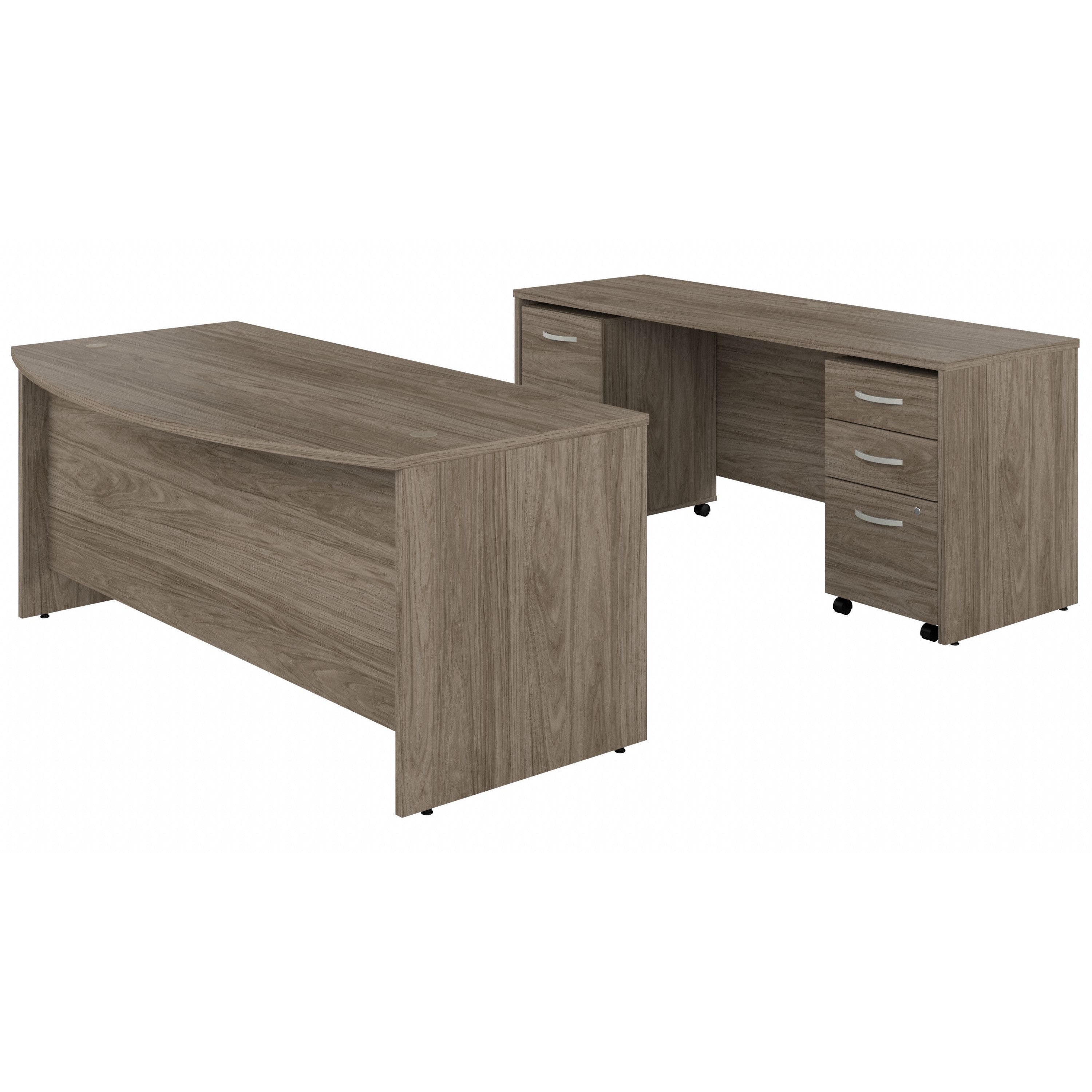 Bush Business Furniture Studio C 72W x 36D Bow Front Desk and Credenza with Mobile File Cabinets in Modern Hickory - 71.02" Width x 94.78" Depth x 29.84" Height