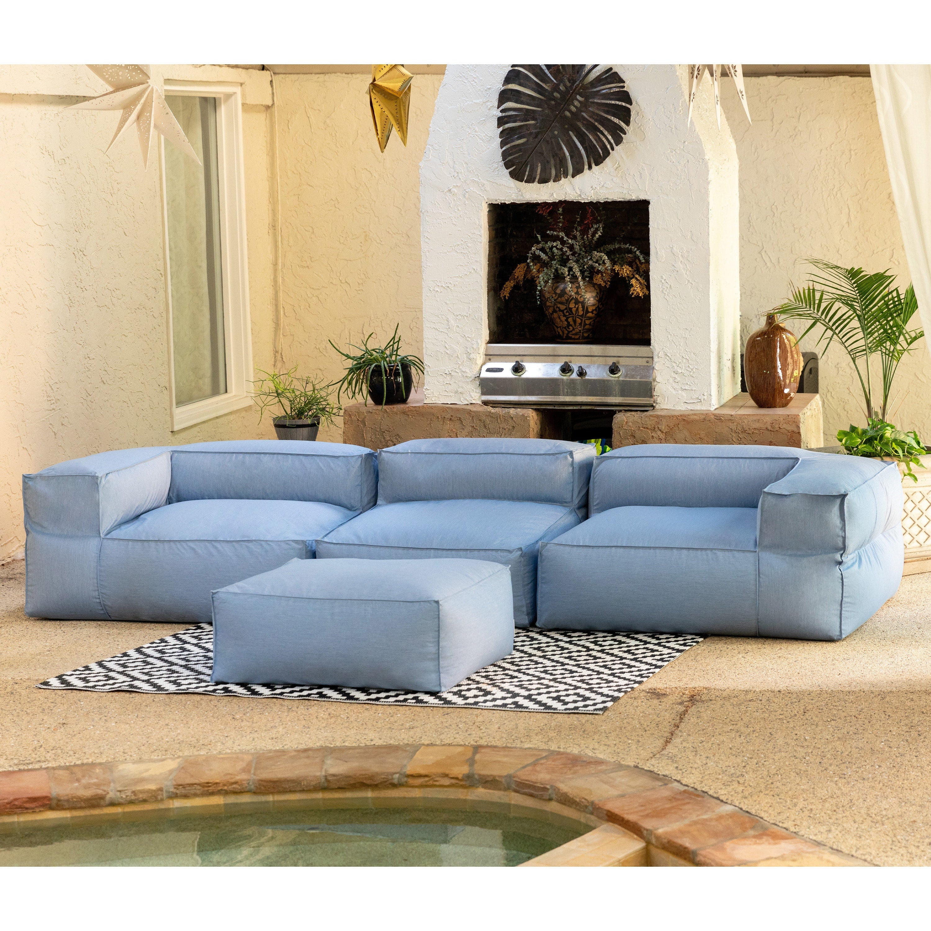 Baya 4 Piece Outdoor Sofa with Ottoman - Luxurious European Style Soft Seating, Ocean Blue