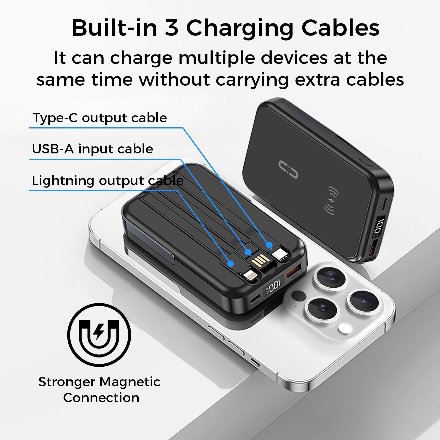 10,000mAh Magnetic Wireless Power Bank with Metal Stand + Built-in Cables, Black