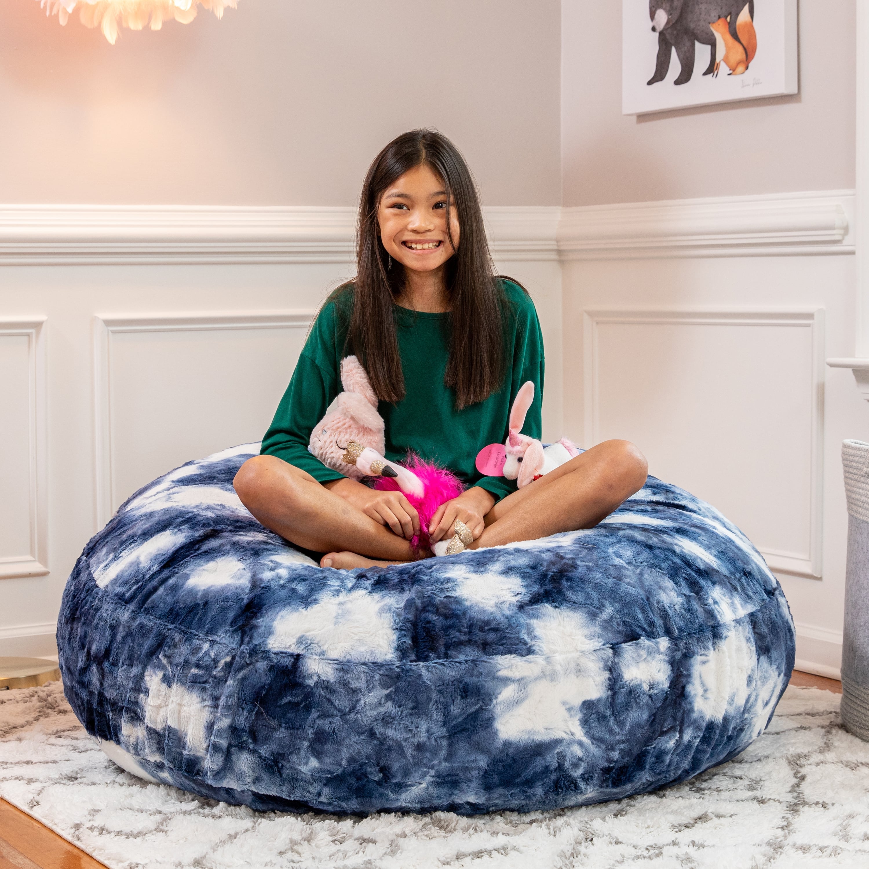 Jaxx Cocoon 4 Foot Bean Bag Chair - Faux Fur, Blue & White Print