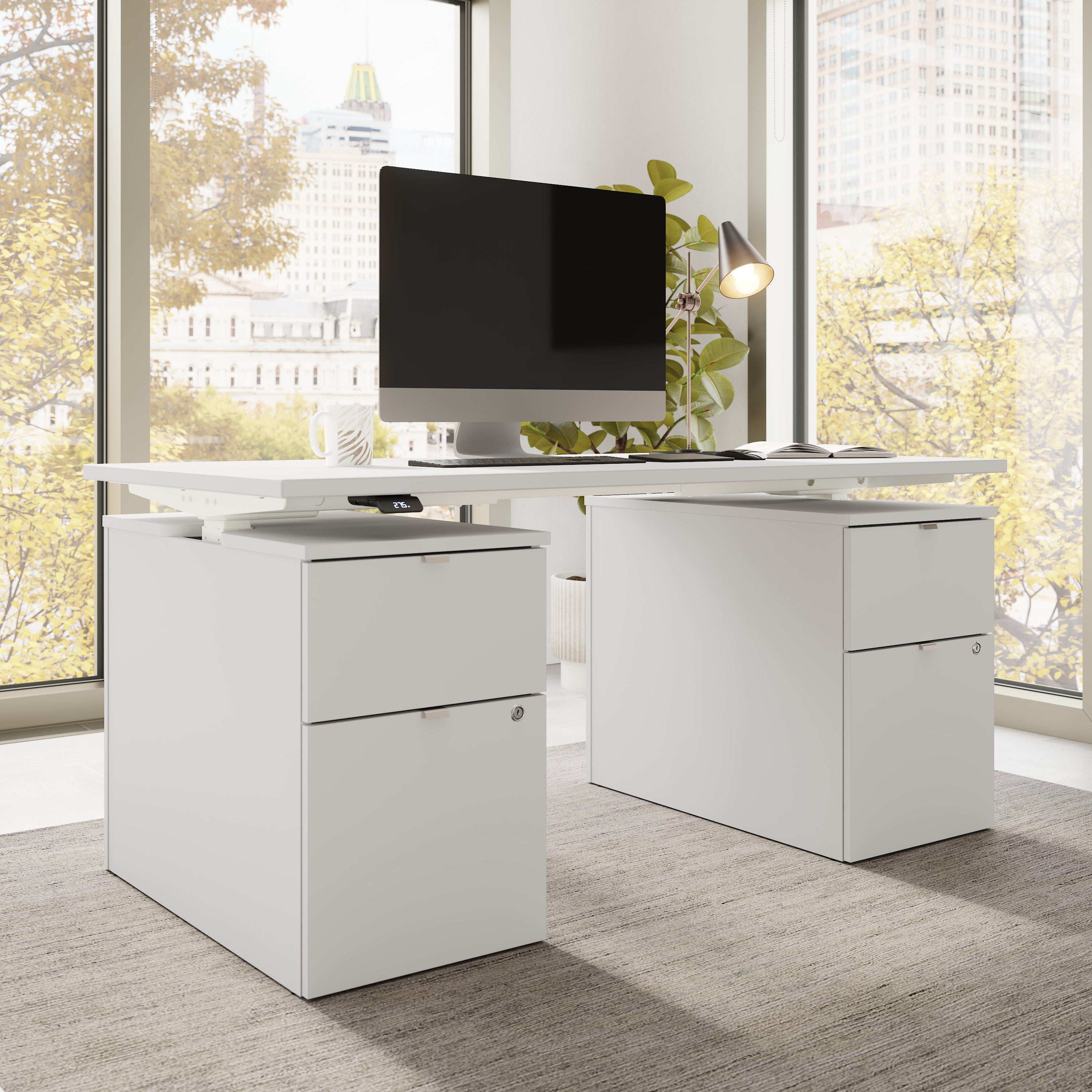 Bush Business Furniture Stratus&nbsp;60W x&nbsp;30D Electric Height Adjustable Standing Desk with Drawers in White with White Base - 59.45" Width x 29.37" Depth x 27.44" Height