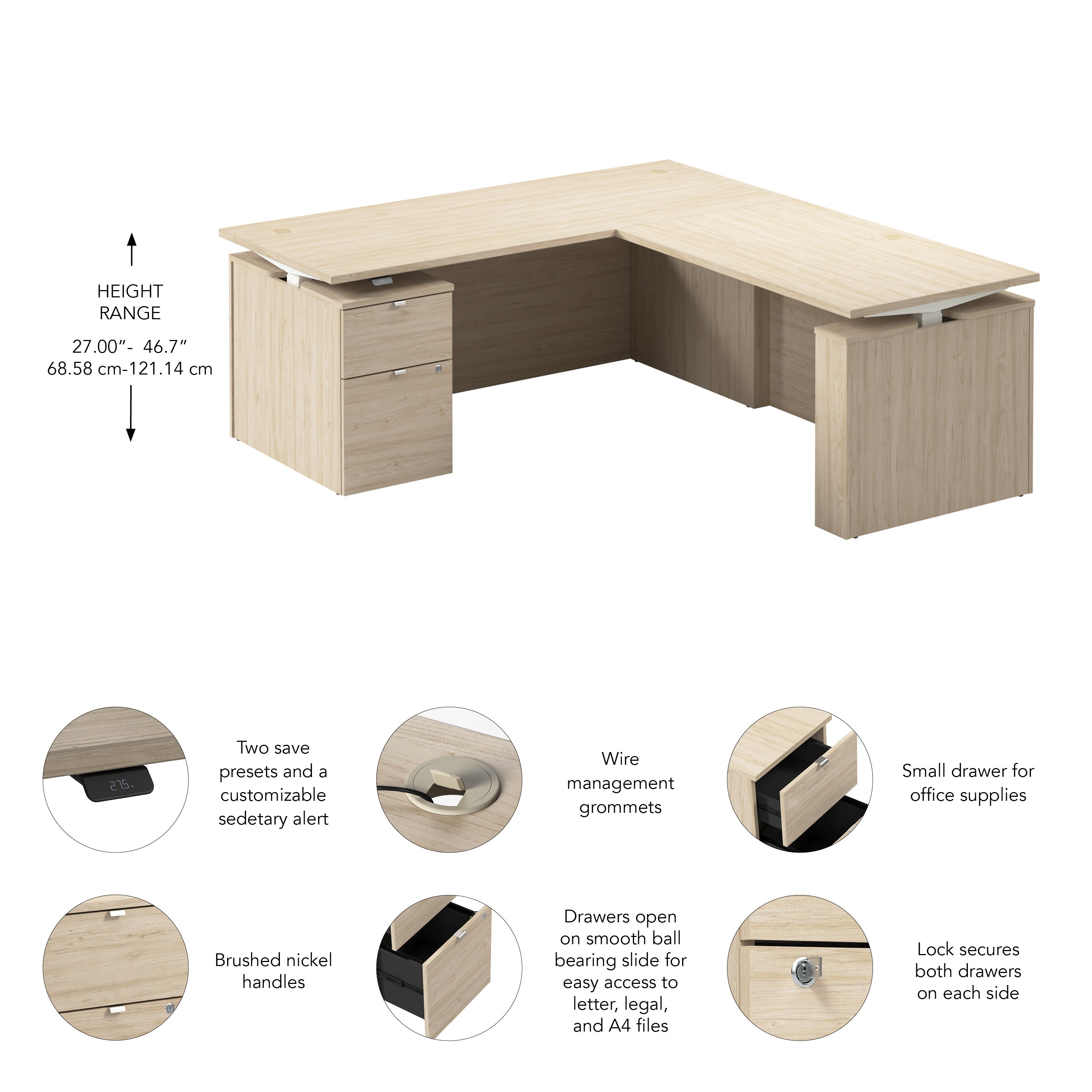 Bush Business Furniture Stratus&nbsp;72W x&nbsp;78D Height Adjustable L Shaped Standing Desk with File Cabinet in Natural Elm with White Base - 71.02" Width x 76.97" Depth x 27.44" Height