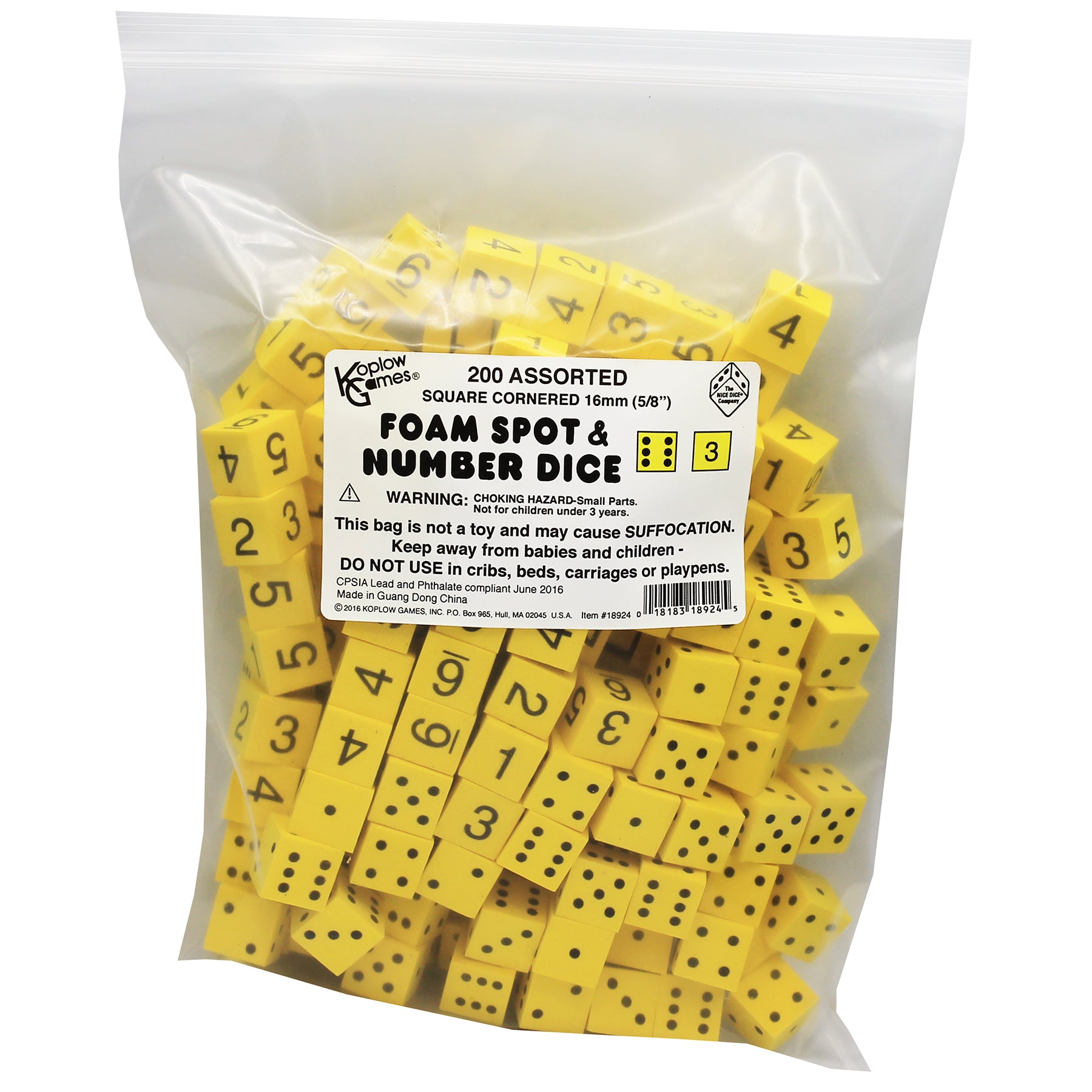 Foam Spot & Number Dice, Yellow, 16mm, Bag of 200