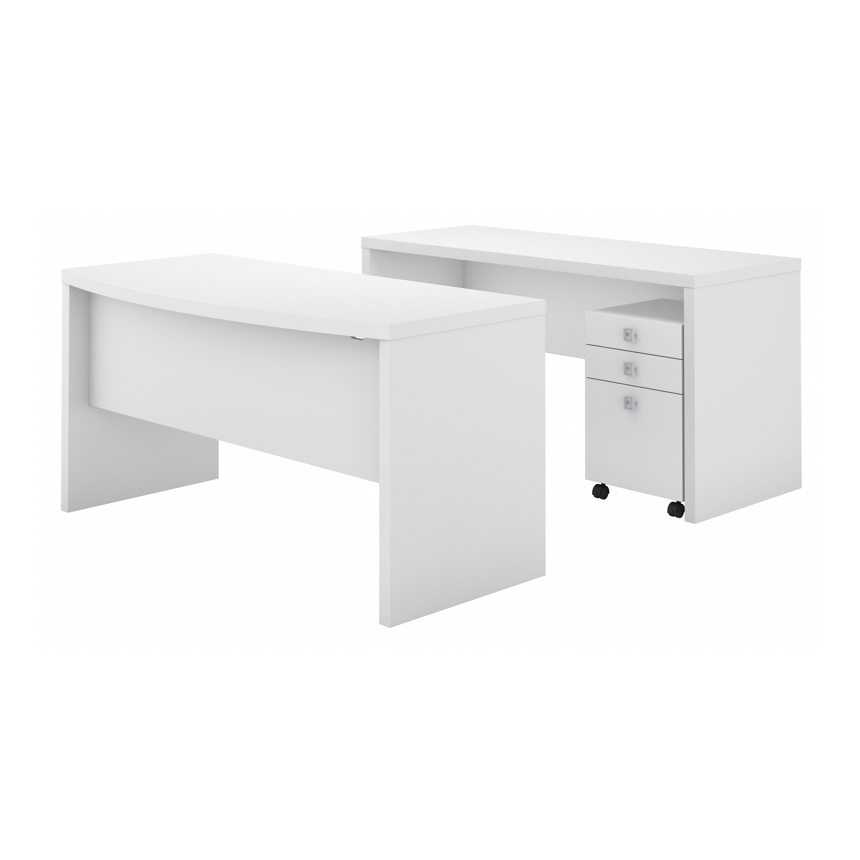 Bush Business Furniture Echo Bow Front Desk and Credenza with Mobile File Cabinet in Pure White - 60" Width x 87.73" Depth x 30" Height