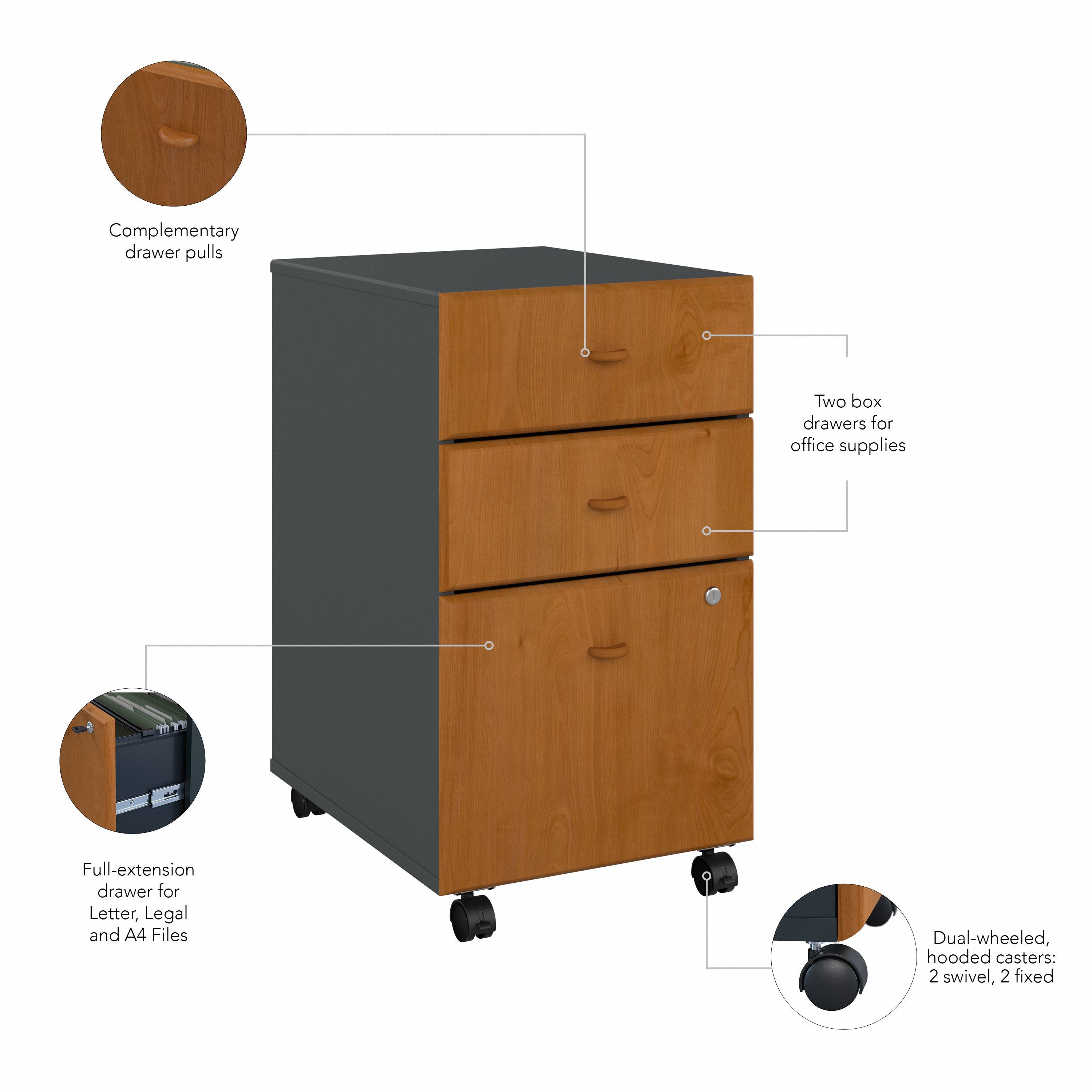 Bush Business Furniture Series A 3 Drawer Mobile File Cabinet in Natural Cherry and Slate - 15.71" Width x 20.2" Depth x 27.79" Height