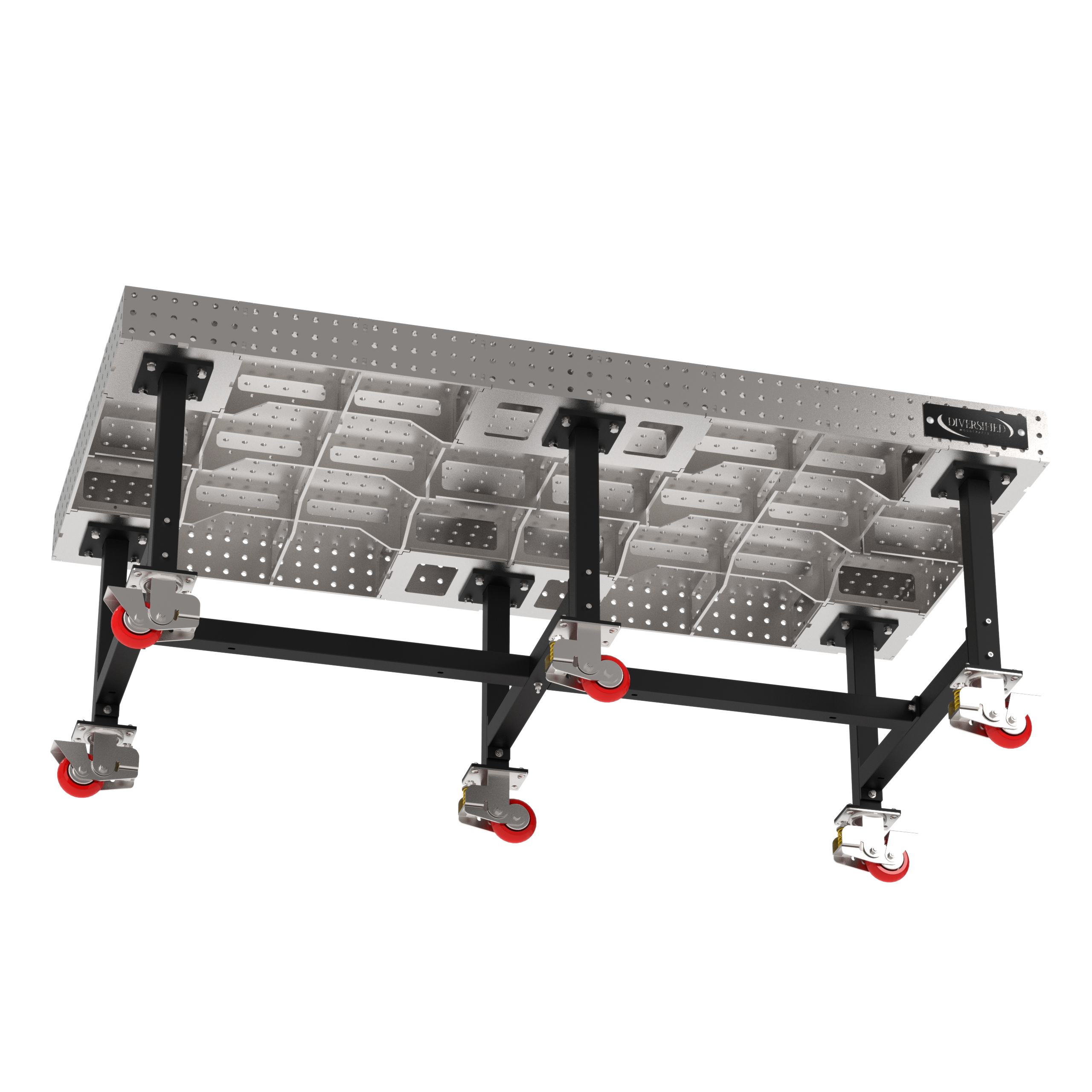 Welding Fixture Table, Fixed Height, 36"H x 96"L x 48"D, 1/4" Carbon Steel Top, Six Black Powdercoat Legs, 6 Heavy Duty Suspension Casters (4 Locking/Swiveling Casters and 2 Non-Locking/Non-SwivelingCasters)