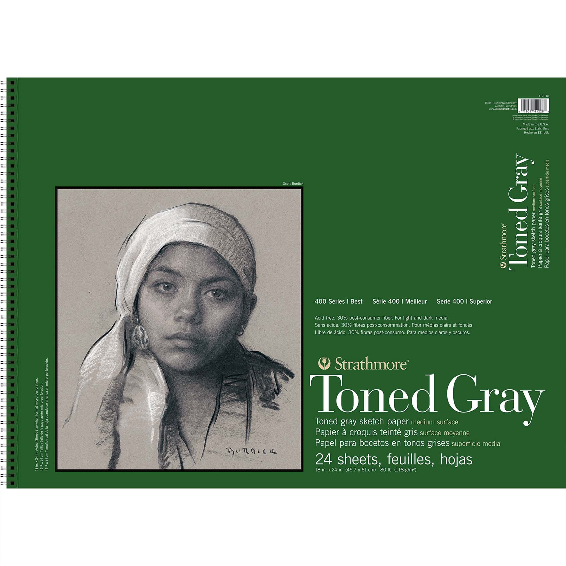 400 Series Sketch Paper Pad, Recycled, Toned Gray, Side Wire Binding, 24 Sheet, 18x24 inch, 1 Count