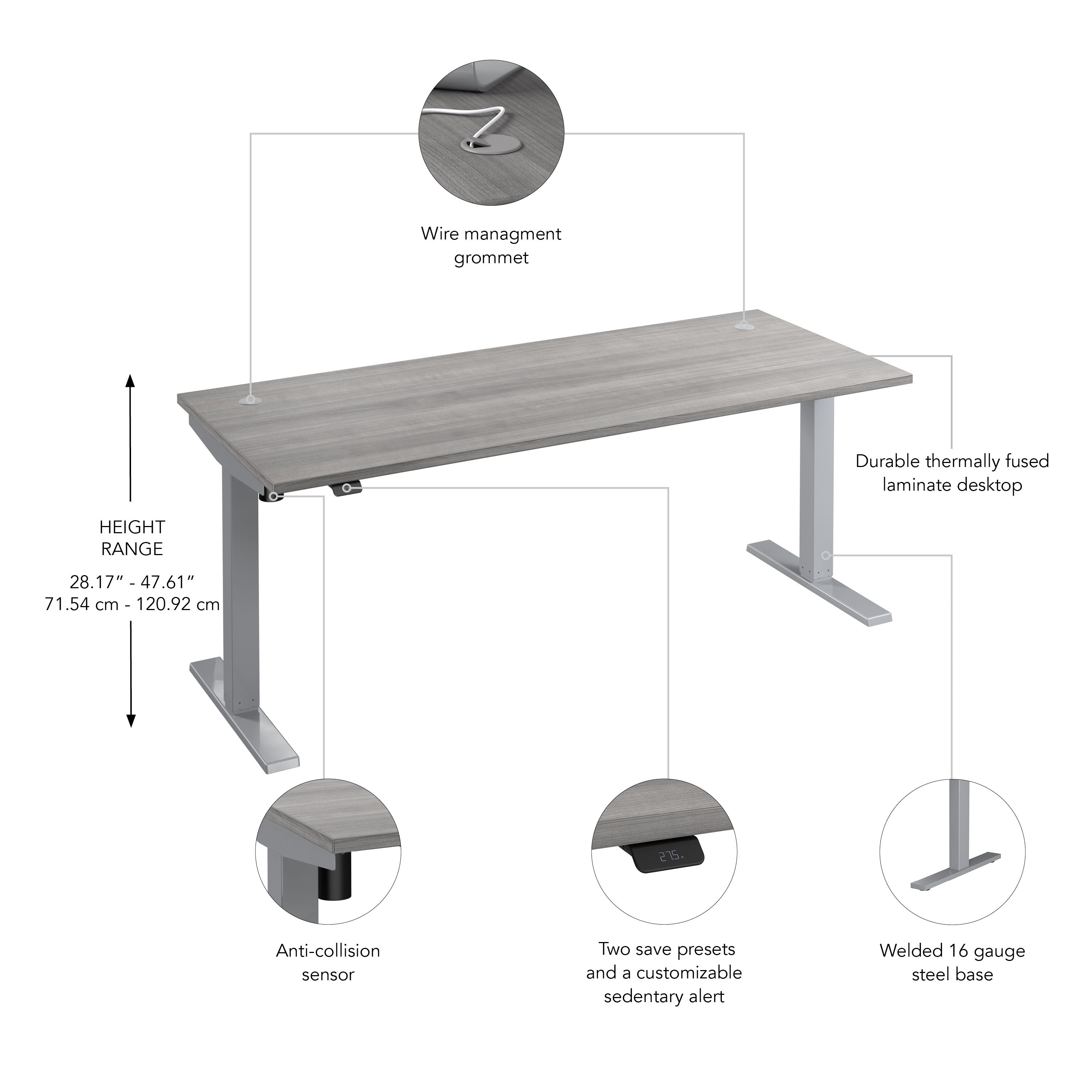 Bush Business Furniture Move 40 Series 72W x 30D Electric Height Adjustable Standing Desk in Platinum Gray with Metallic Gray Base - 71.02" Width x 29.37" Depth x 28.17" Height