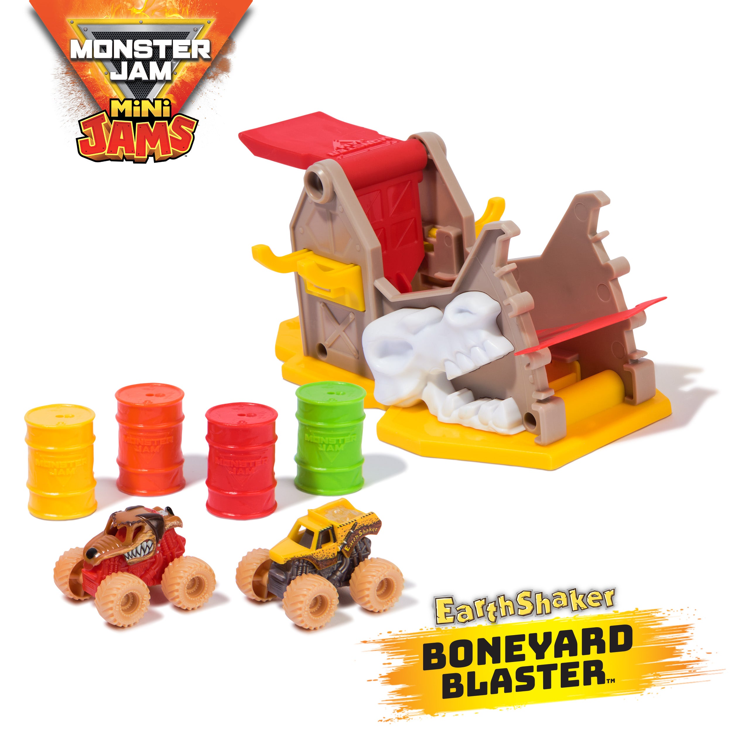Monster Jam Mini Jams, Earthshaker Boneyard Blaster Playset with 2 Minis Monster Jam Monster Truck, Kids Toys For Ages 3 and Up