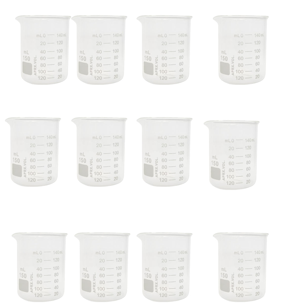 Beaker, Griffin, Borosilicate Glass, 150ml, Dual Graduated, Pack of 12