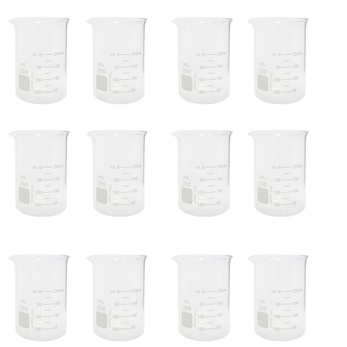 Beaker, Griffin, Borosilicate Glass, 250ml, Dual Graduated, Pack of 12