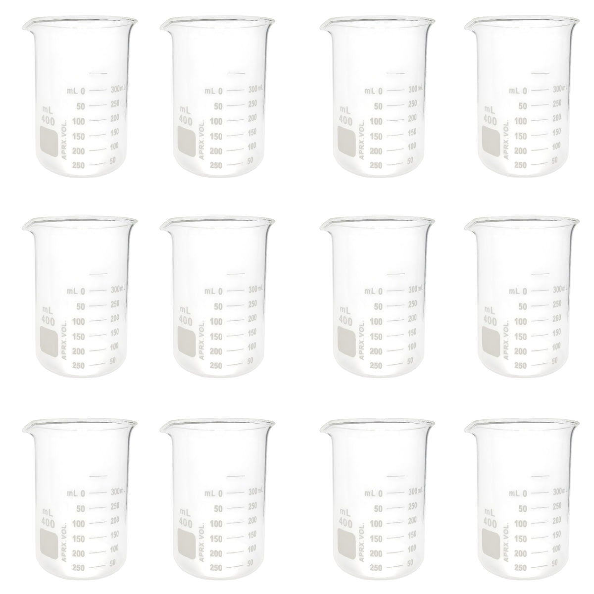 Beaker, Griffin, Borosilicate Glass, 400ml, Dual Graduated, Pack of 12