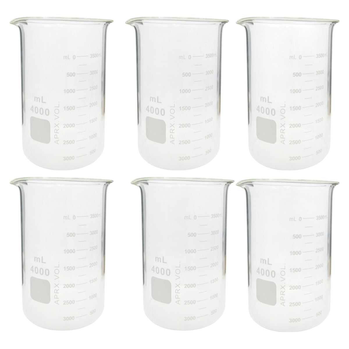 Beaker Starter Kit - Includes 6 Packs of 4000ml Griffin Style Beakers, Beaker Brush (330mm), Beaker Tongs with Plastisol-Coated Jaws, & Safety Glasses