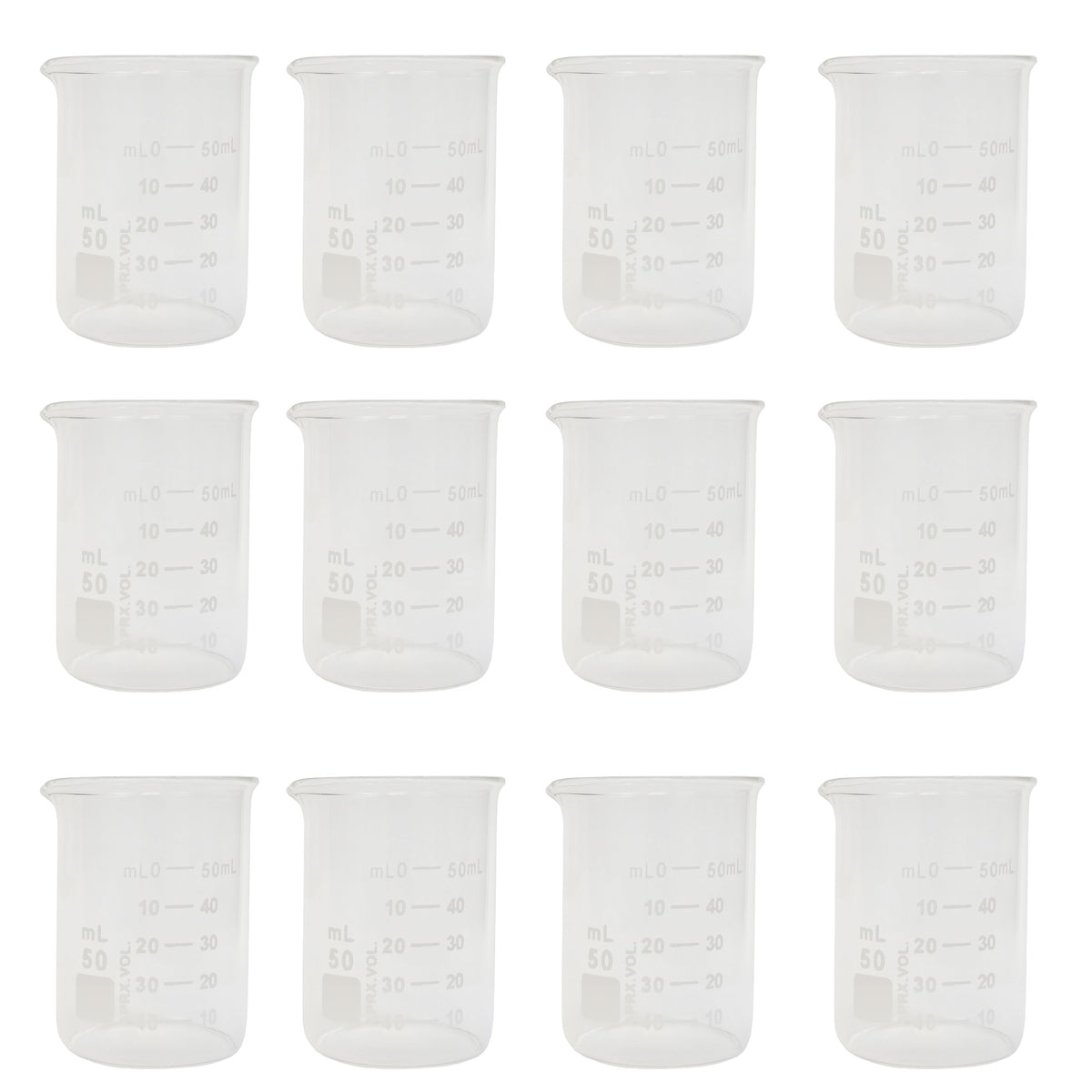 Beaker, Griffin, Borosilicate Glass, 50ml, Dual Graduated, Pack of 12