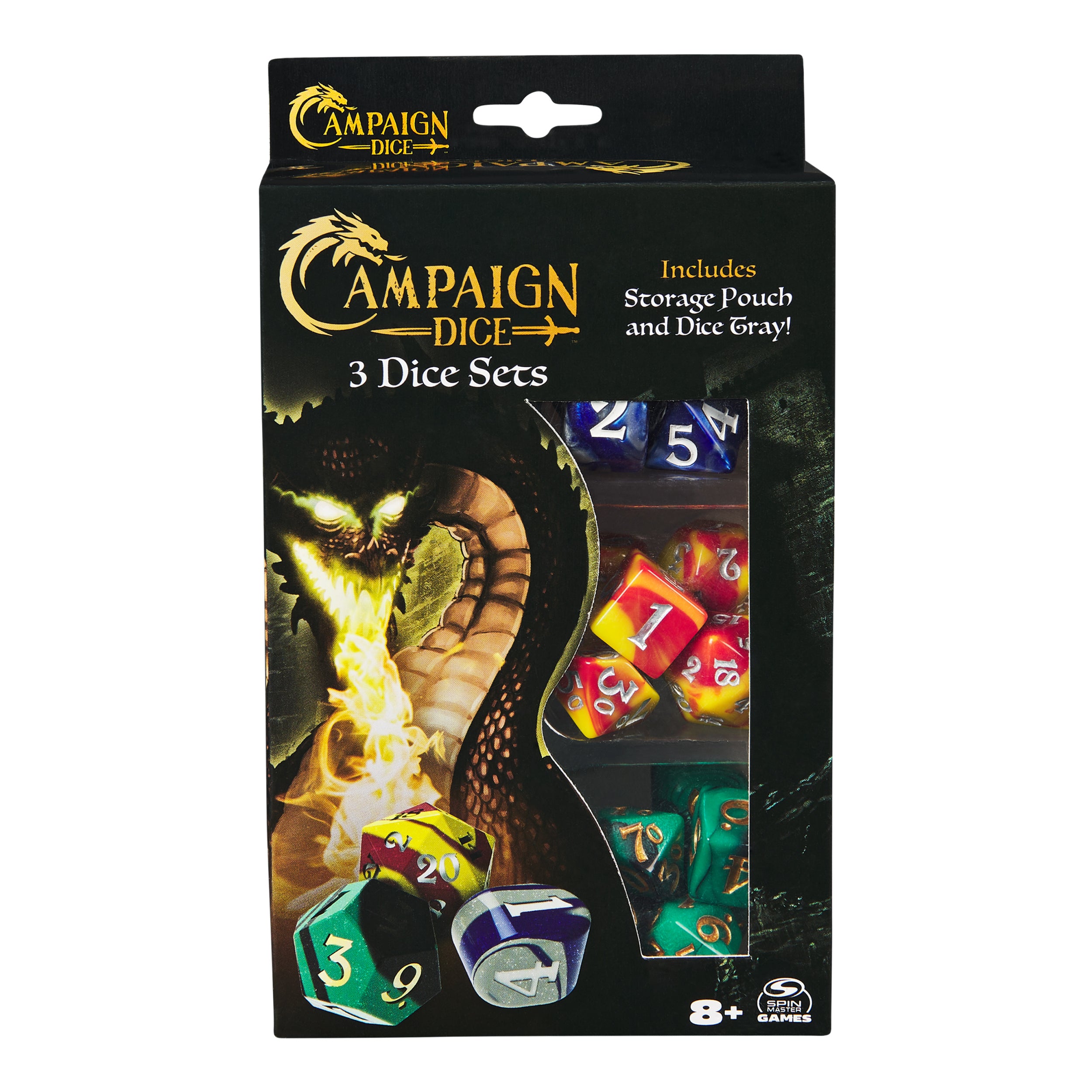 Spin Master Games, Campaign Dice, 3 Sets of Polyhedron Dice for RPG & Board Games, Storage Pouch & Silicone Tray, DND Dungeons and Dragons, MTG Magic the Gathering, for Ages 8 & Up