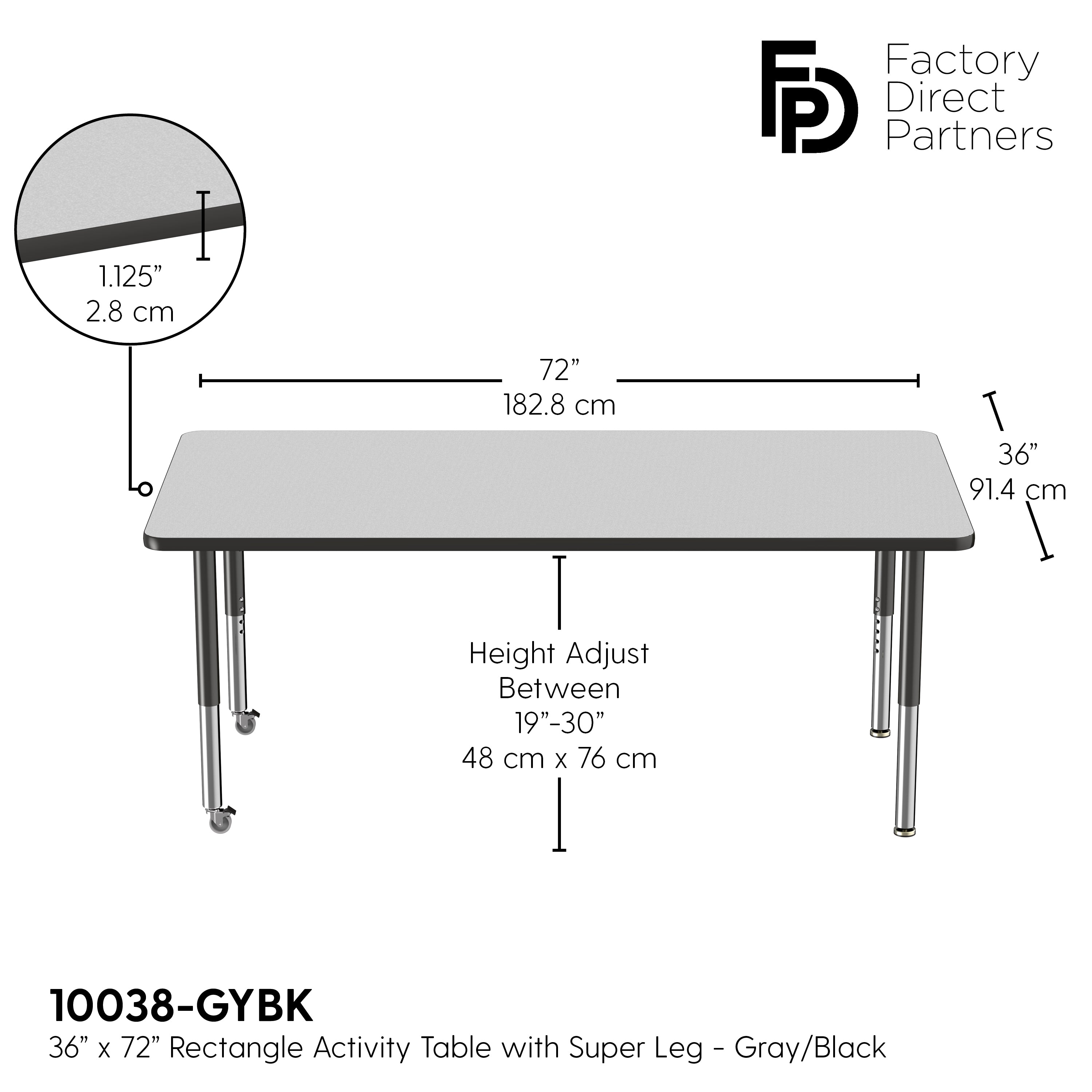 36" x 72" Rectangle T-Molding Activity Table with Adjustable Super Legs - Gray/Black