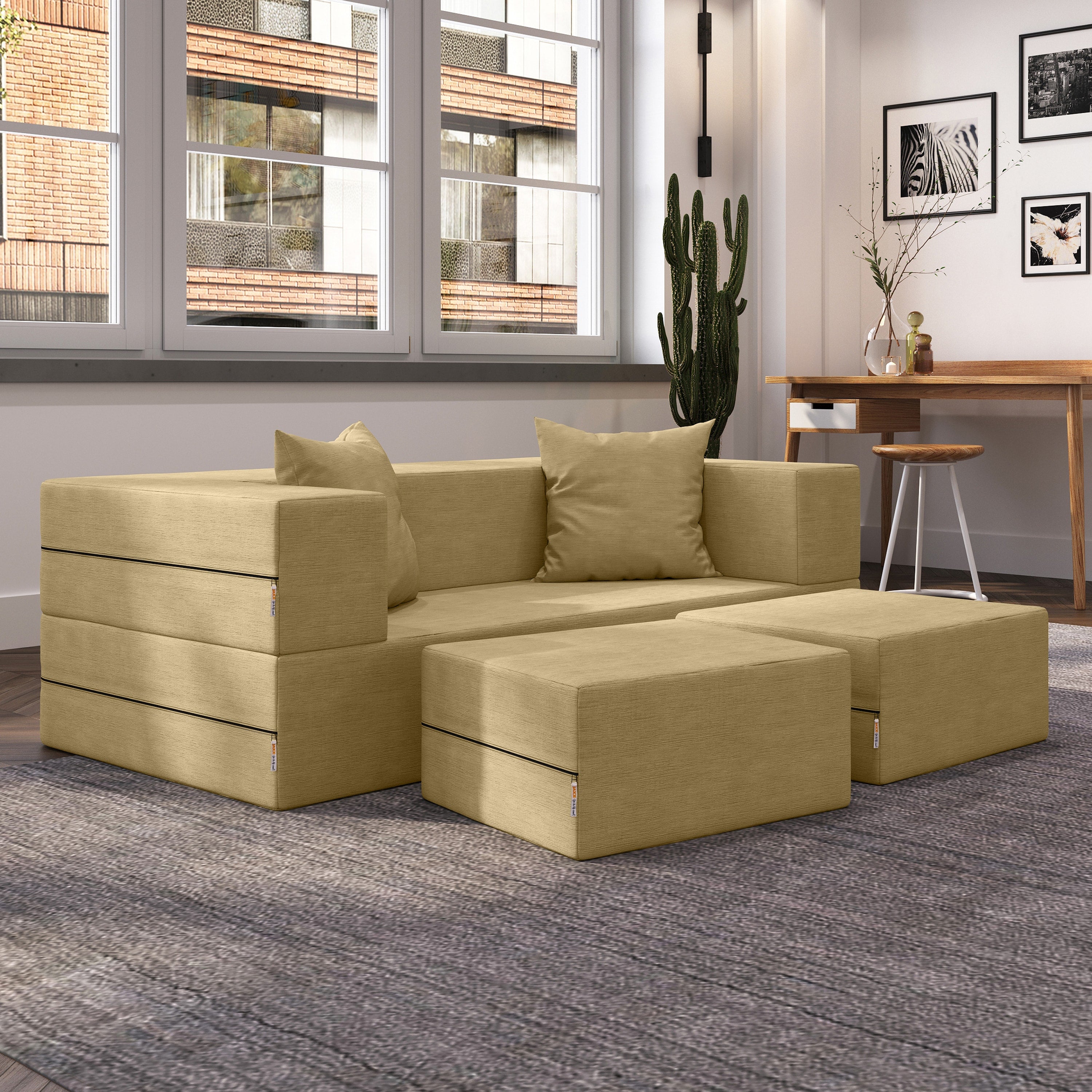 Jaxx Zipline Convertible Sleeper Loveseat & Ottomans, Textured Microvelvet - Camel