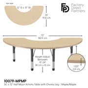 36" x 72" Half Moon T-Molding Activity Table with Adjustable Chunky Legs - Maple/Maple/Black