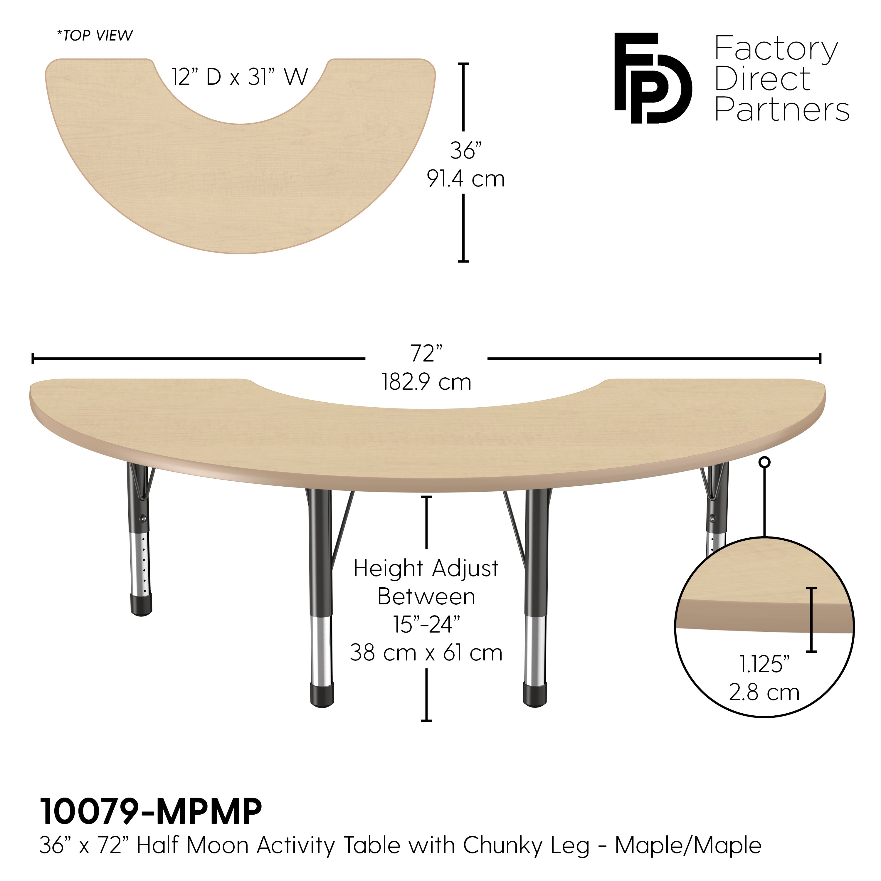 36" x 72" Half Moon T-Molding Activity Table with Adjustable Chunky Legs - Maple/Maple/Black