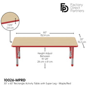 30" x 60" Rectangle T-Molding Activity Table with Adjustable Chunky Legs - Maple/Red