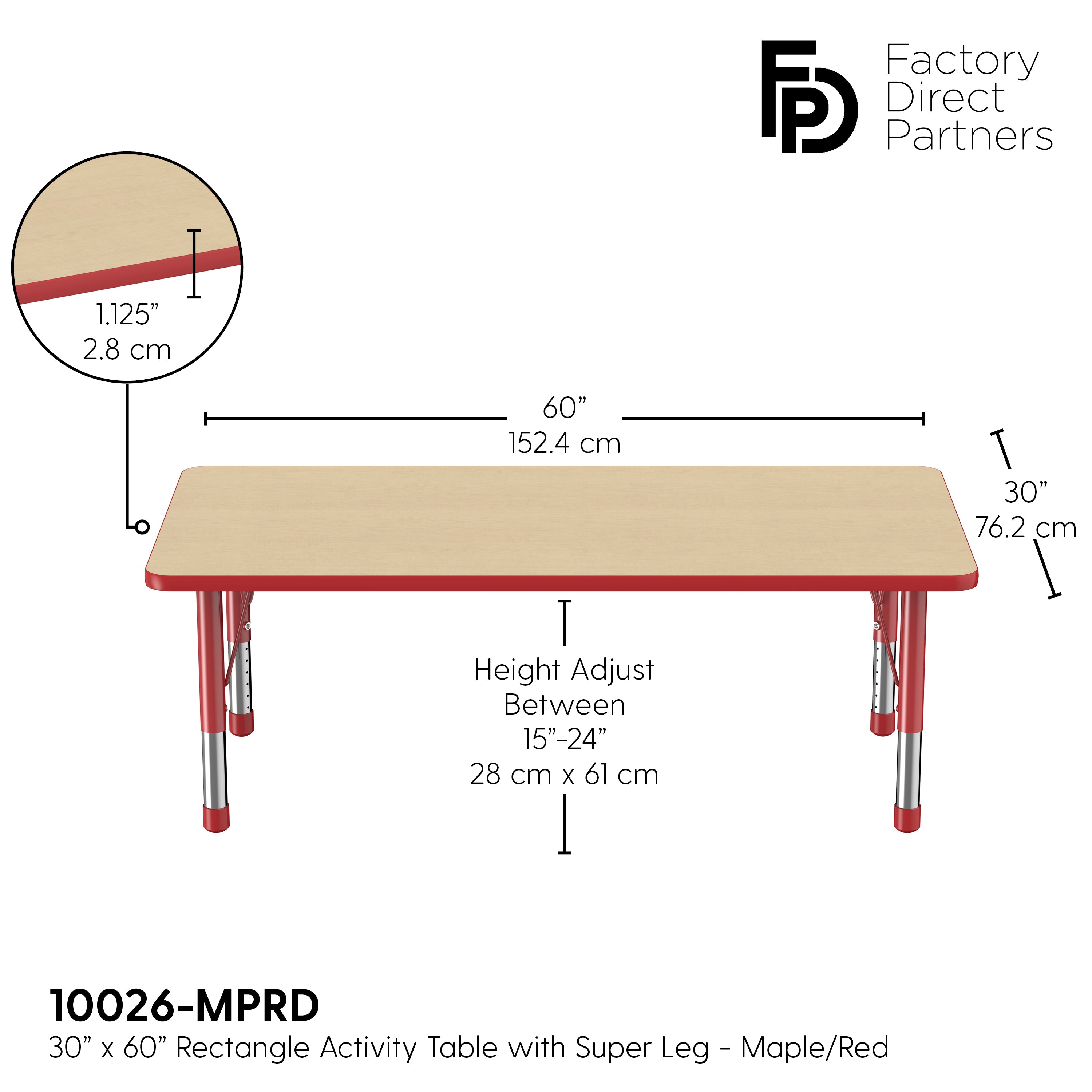 30" x 60" Rectangle T-Molding Activity Table with Adjustable Chunky Legs - Maple/Red