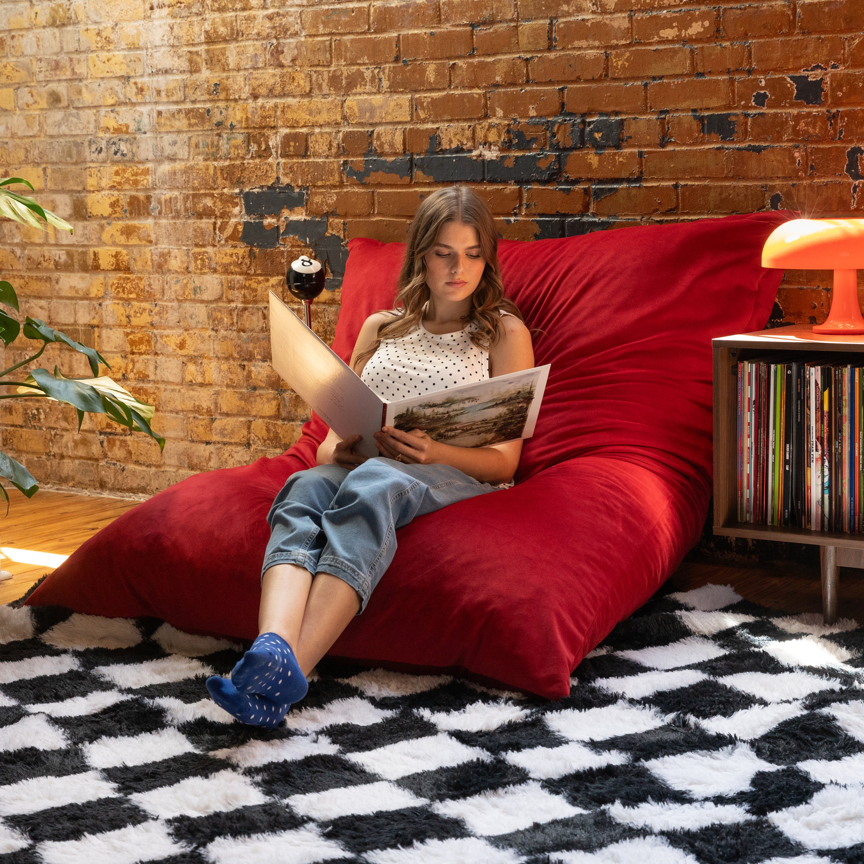 Pillow Saxx Dream Lounger with Wood Frame - 3-in-1 Bean Bag Accent Chair, Recliner & Sleeper, Lush Velvet Merlot