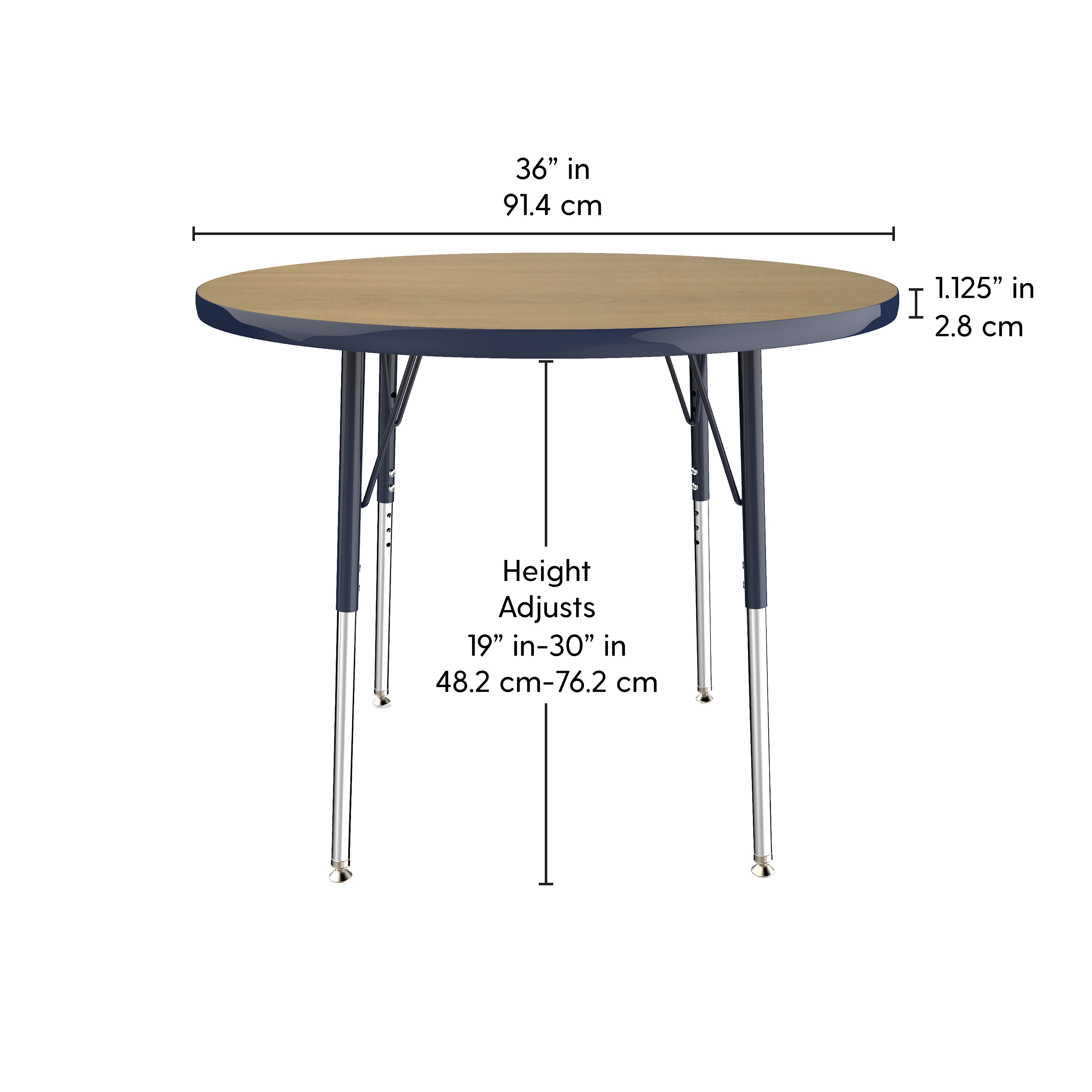 36" Round T-Molding Activity Table with Adjustable Standard Swivel Glide Legs - Pasadena Oak/Navy
