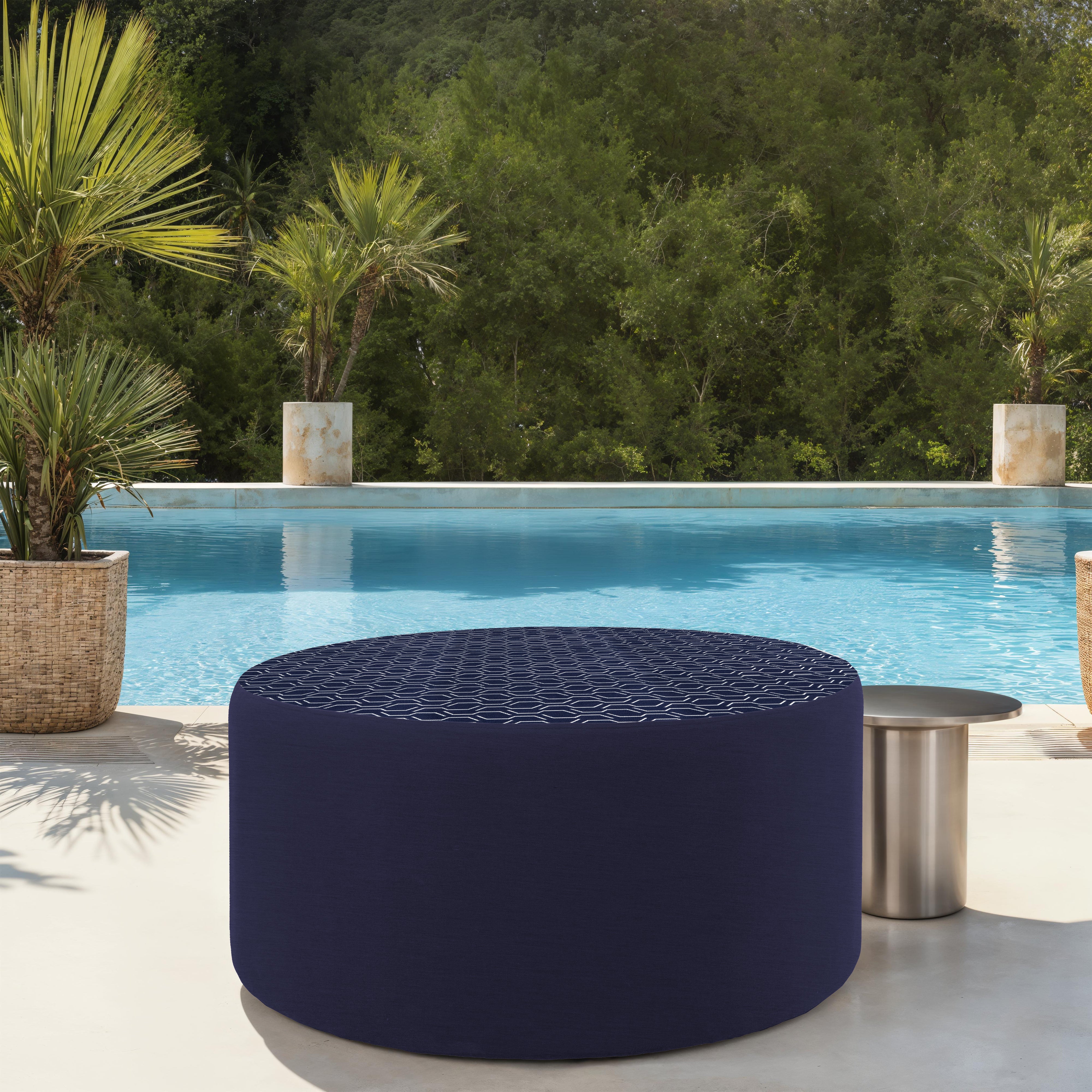 Outdoor 36" Round Ottoman with Sunbrella, 18" H - Adaptation Indigo/Canvas Navy